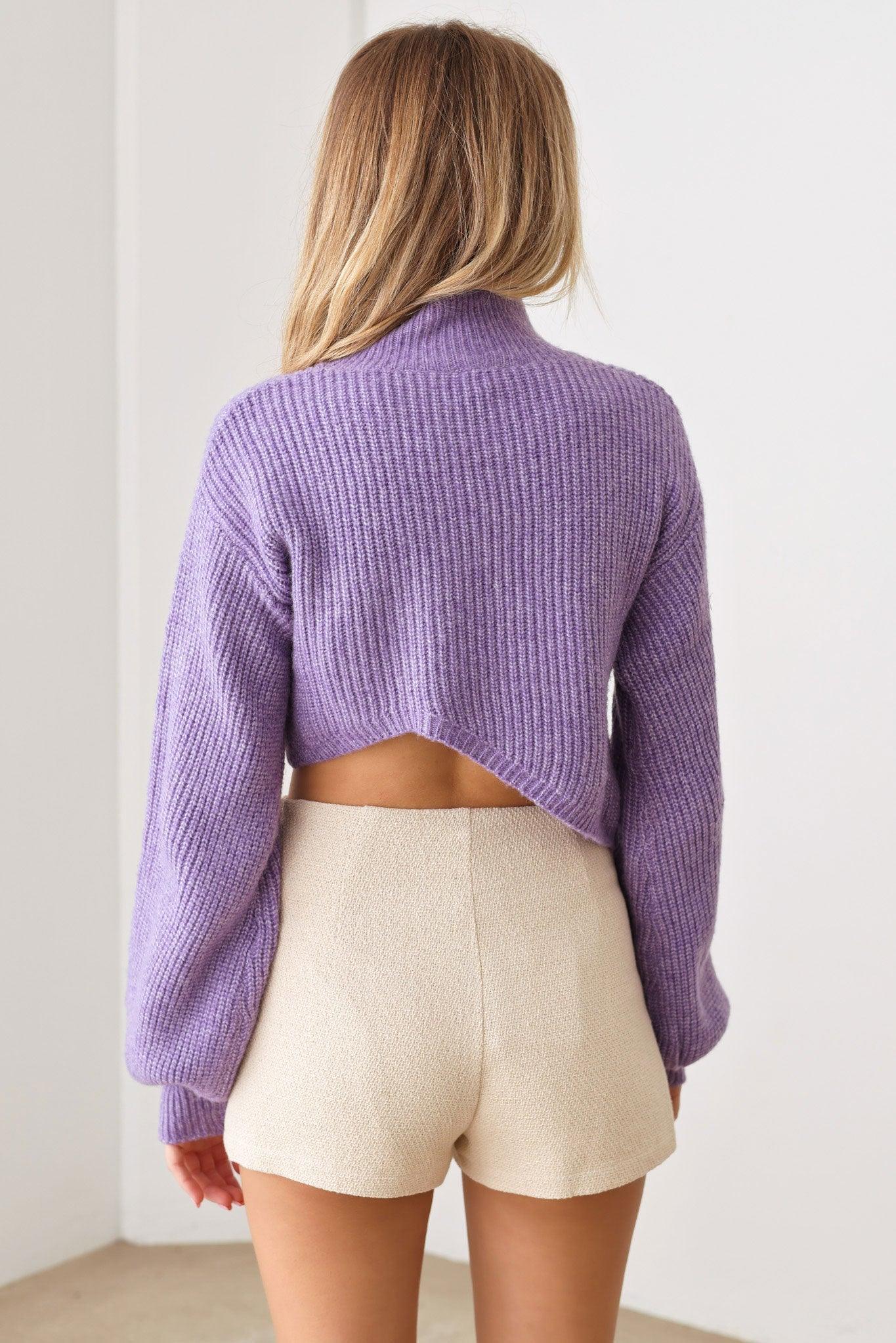 Purple Knit Asymmetrical Hem Cute Crop Sweater - Tasha Apparel Wholesale