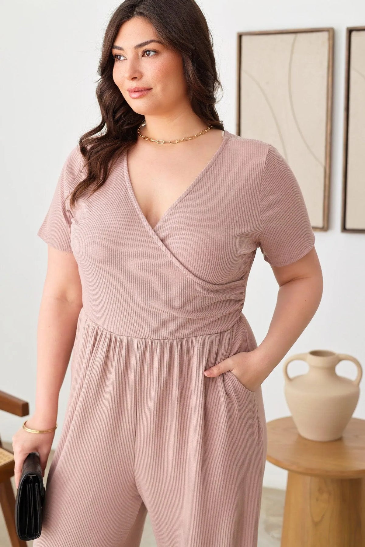 Plus Size Warp Bust Short Sleeve Ribbed Jumpsuit - Tasha Apparel Wholesale
