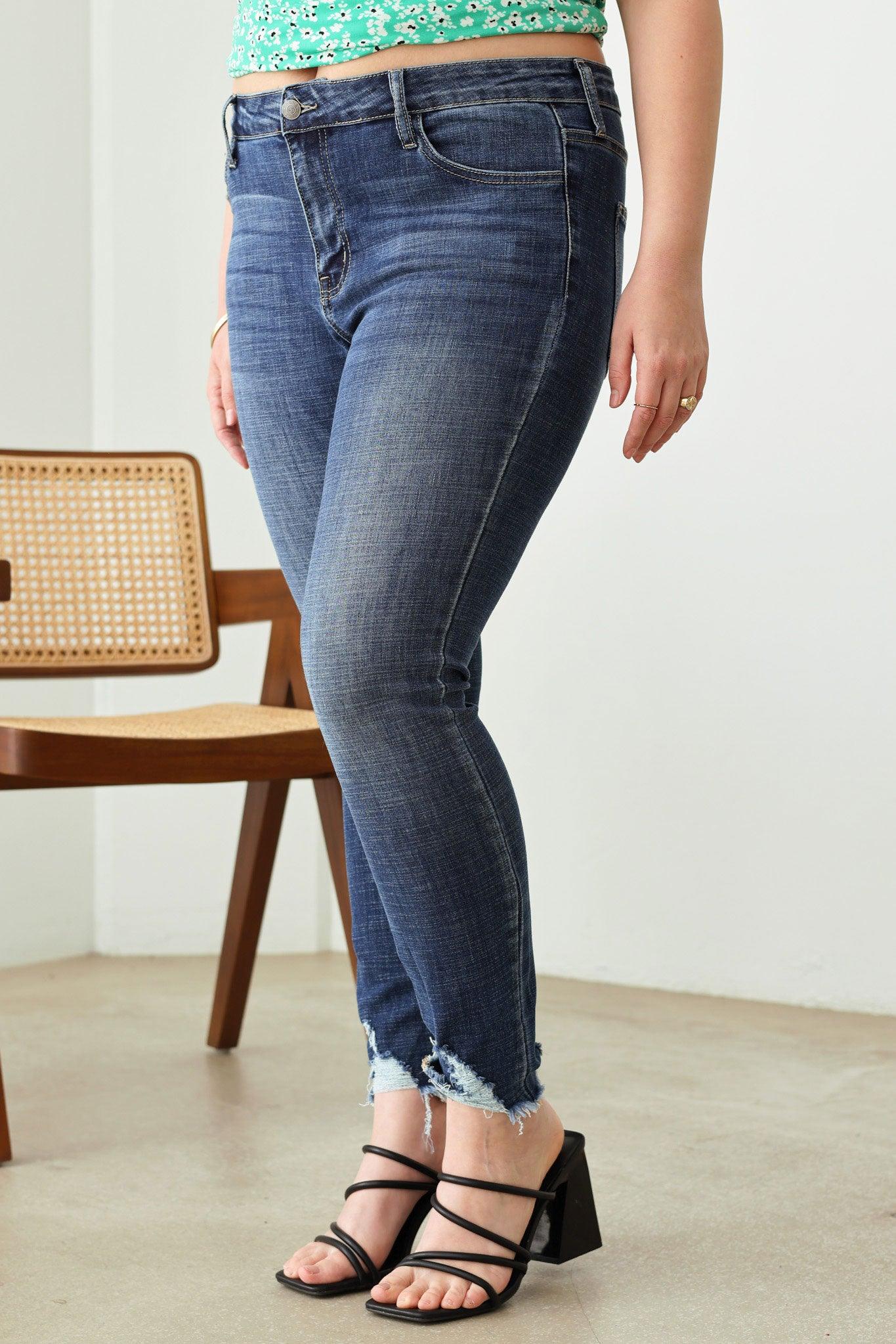 Plus Size Stretchy Destroyed Hem Front Pocket Denim Pants - Tasha Apparel Wholesale