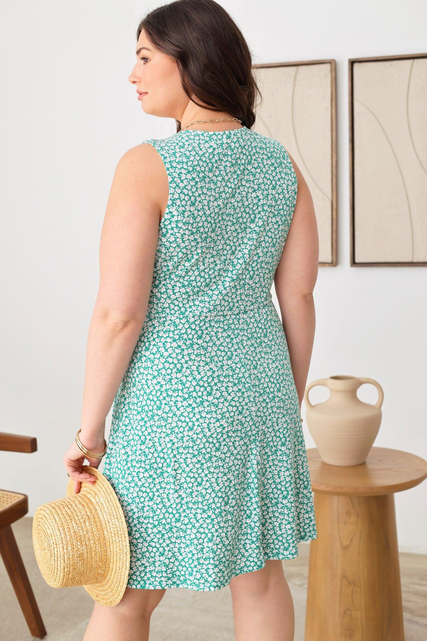 Floral Warp Sleeveless Knee Length Plus Size Dress - Tasha Apparel Wholesale