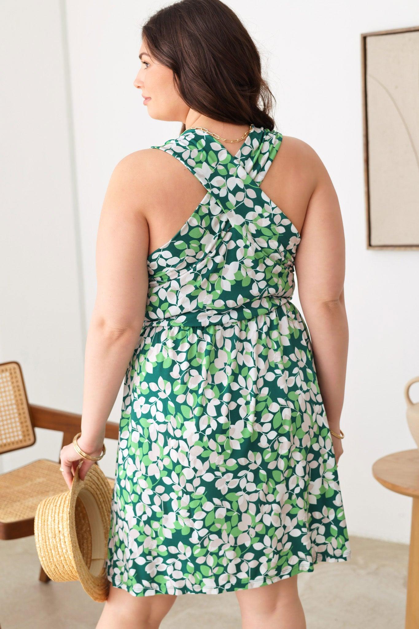 Plus Size Floral Back Cross Sleeve Elastic Waist Knee Length Dress - Tasha Apparel Wholesale