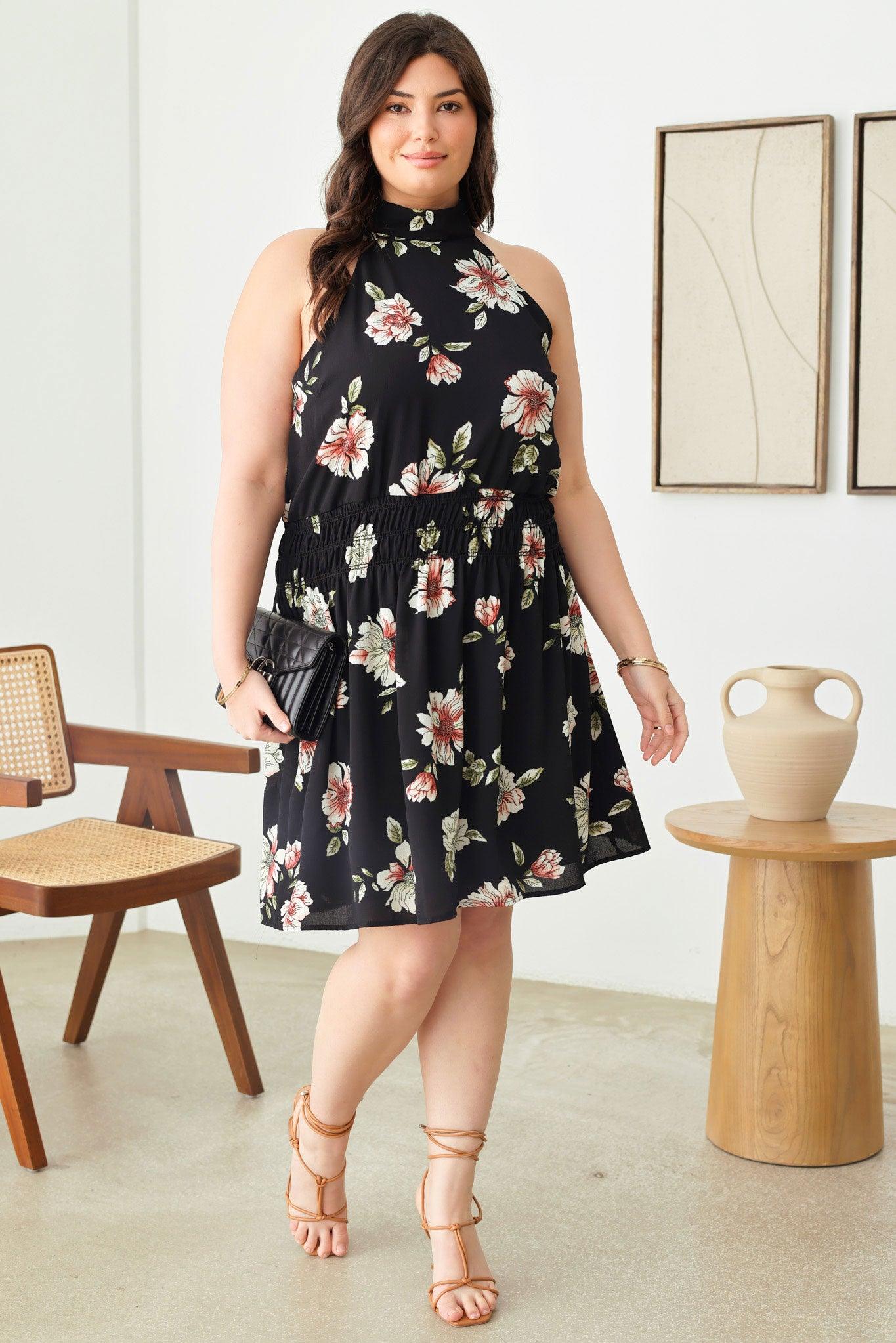Plus Size Floral Print Knee Length Sleeveless Halter Dress - Tasha Apparel Wholesale