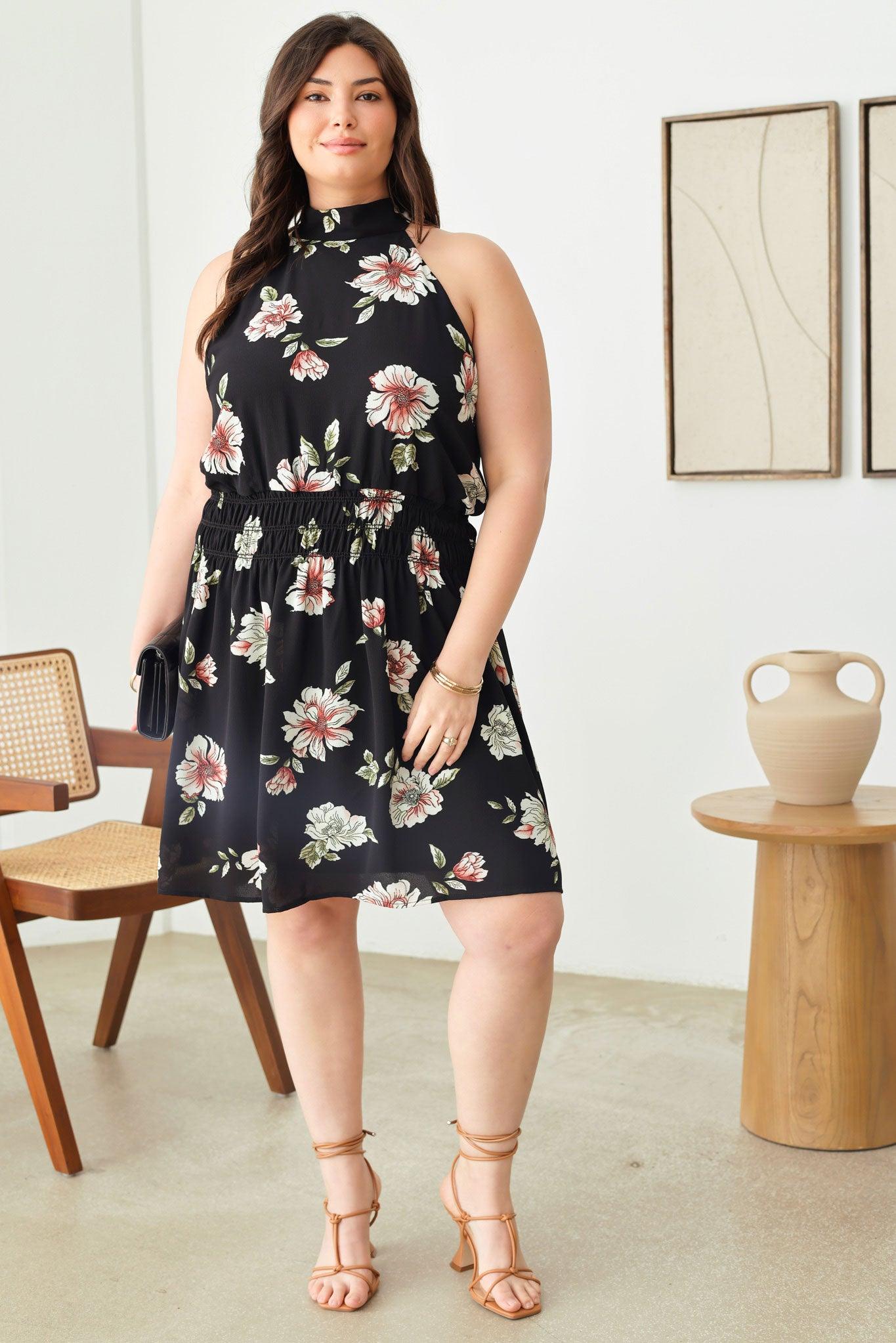 Plus Size Floral Print Knee Length Sleeveless Halter Dress - Tasha Apparel Wholesale