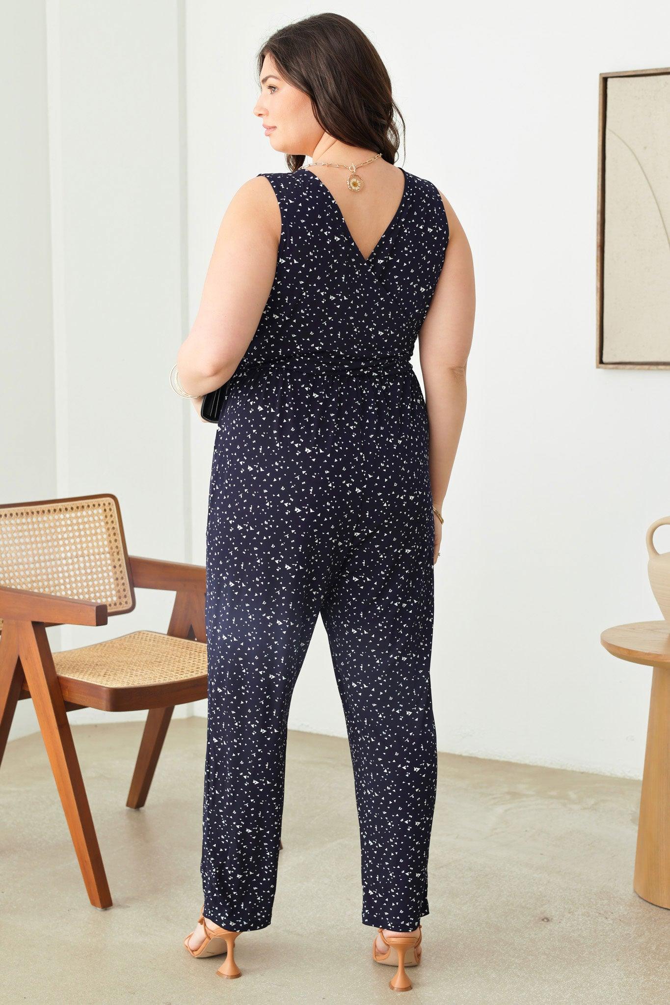 Plus Size Abstract Print Sleeveless Warp Bust Elastic Waist Jumpsuits - Tasha Apparel Wholesale