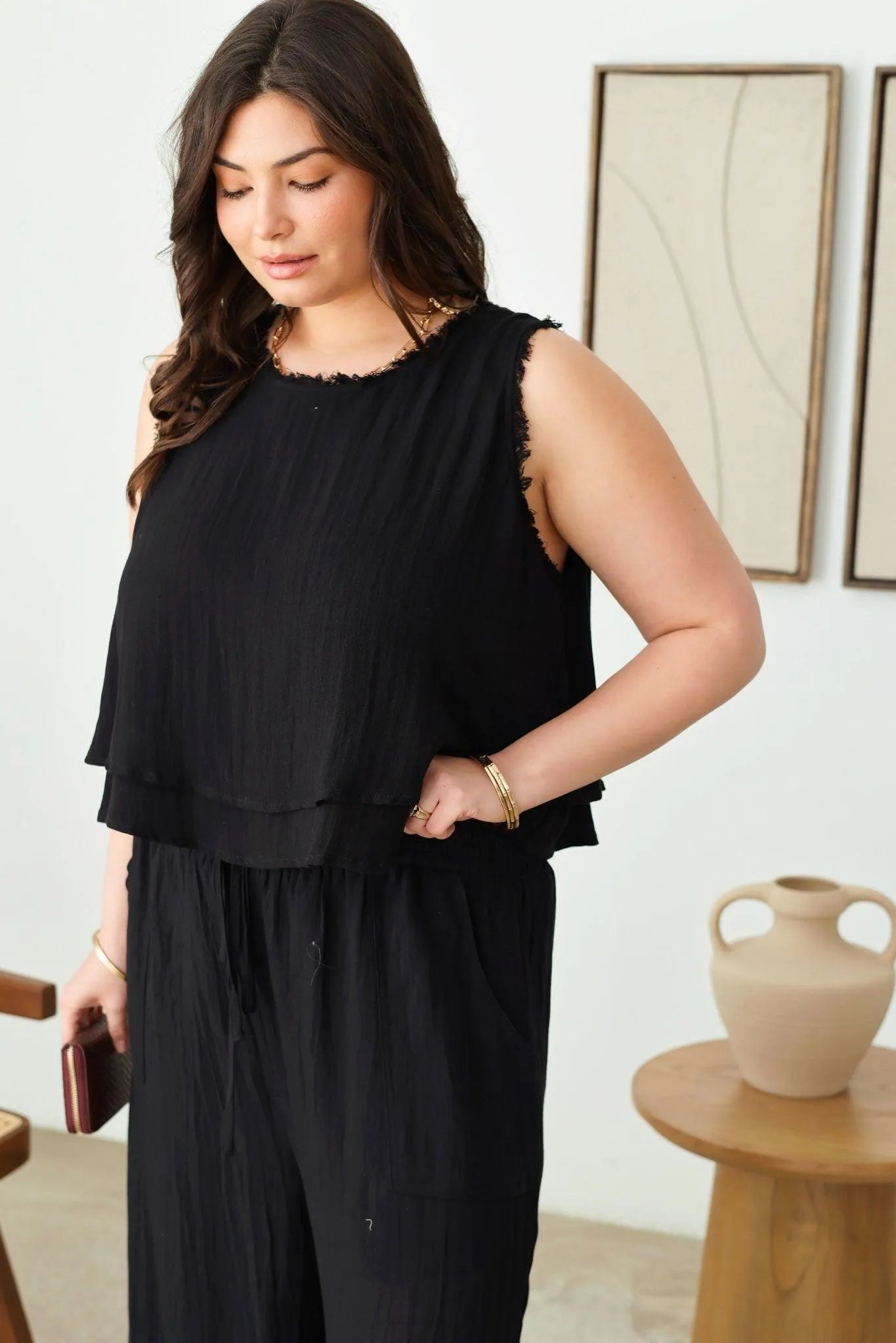 Plus Size Frayed Hem Silhouette Neckline Top & Pants Set - Tasha Apparel Wholesale