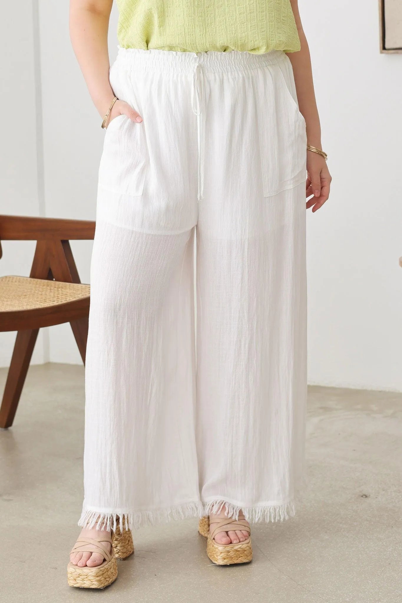 Plus Size Boho Wide Leg Frayed Hem Pants - Tasha Apparel Wholesale