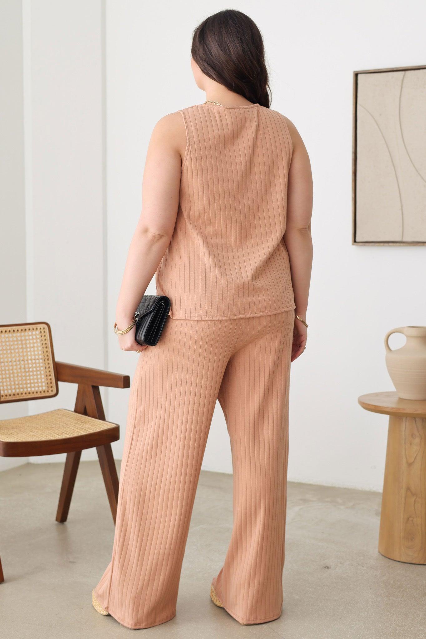 Plus Size Ribbed Sleeveless V-Neck Top & Long Side Pocket Pants Sets - Tasha Apparel Wholesale