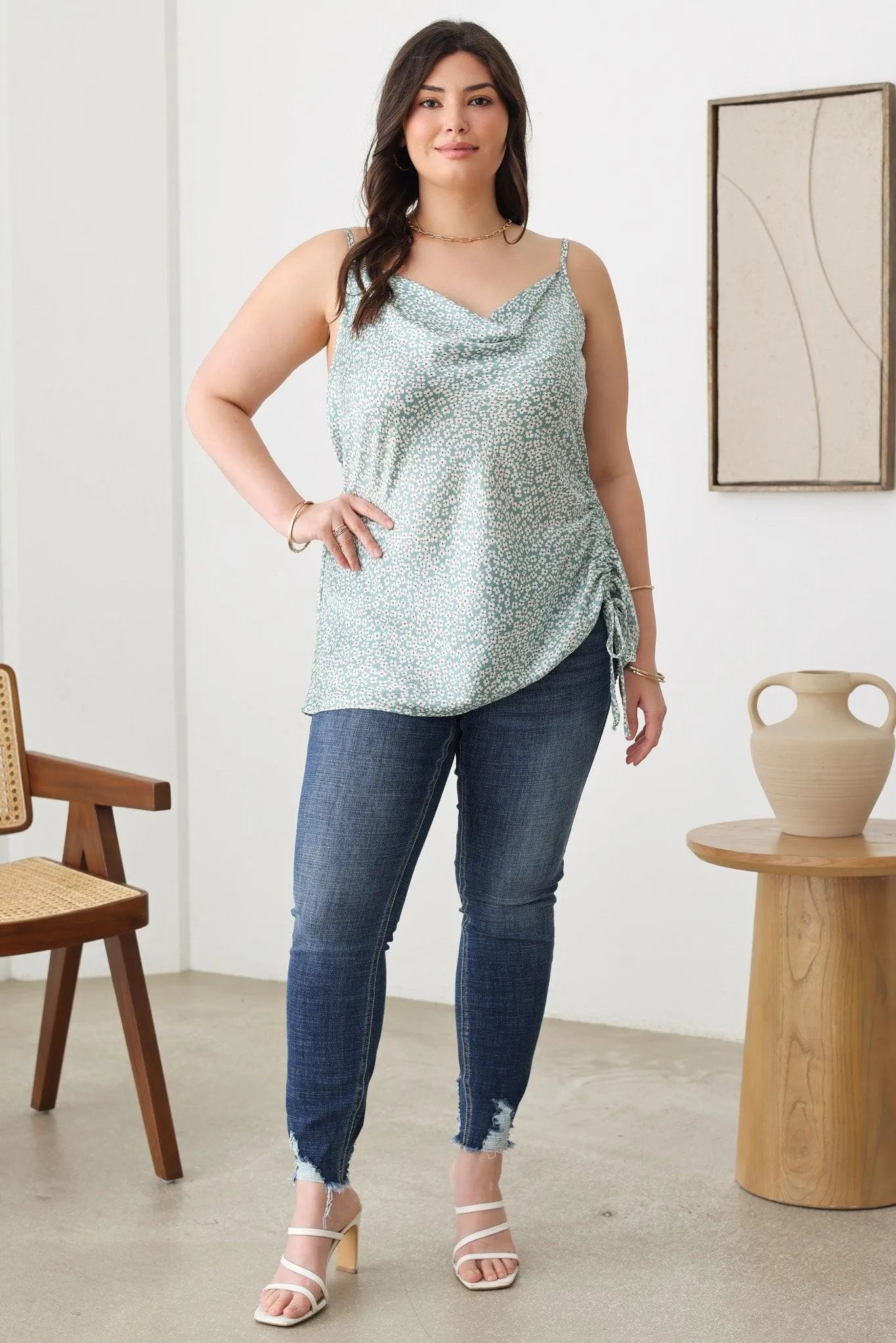 Plus Size Satin Floral Dropped Neckline Side Tie Top - Tasha Apparel Wholesale