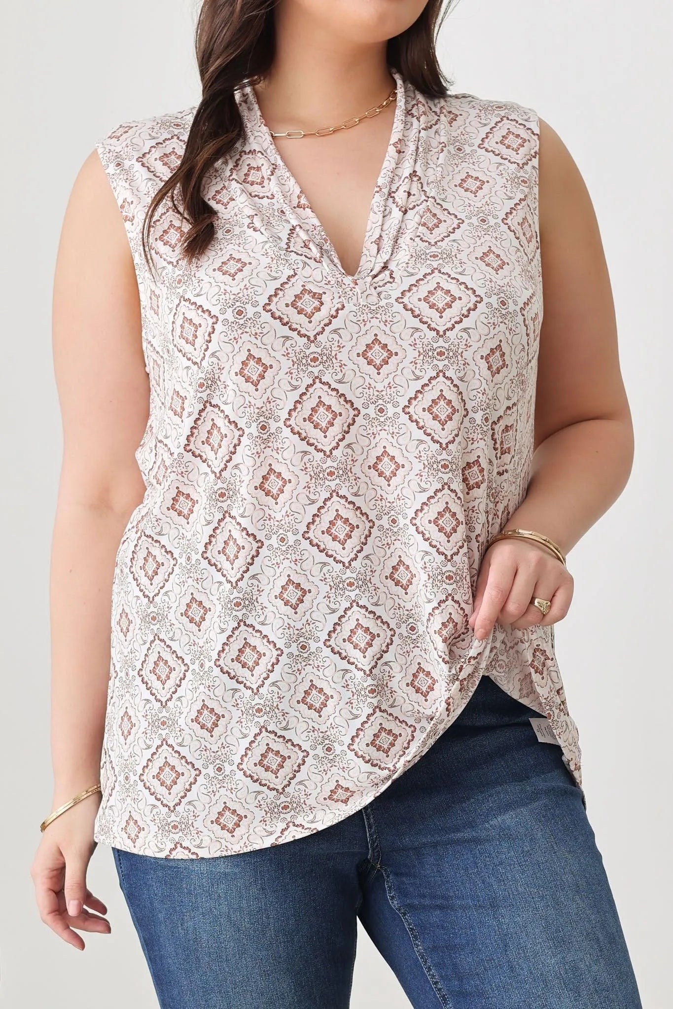 Plus Size Paisley Print Sleeveless V-Neckline Tops - Tasha Apparel Wholesale