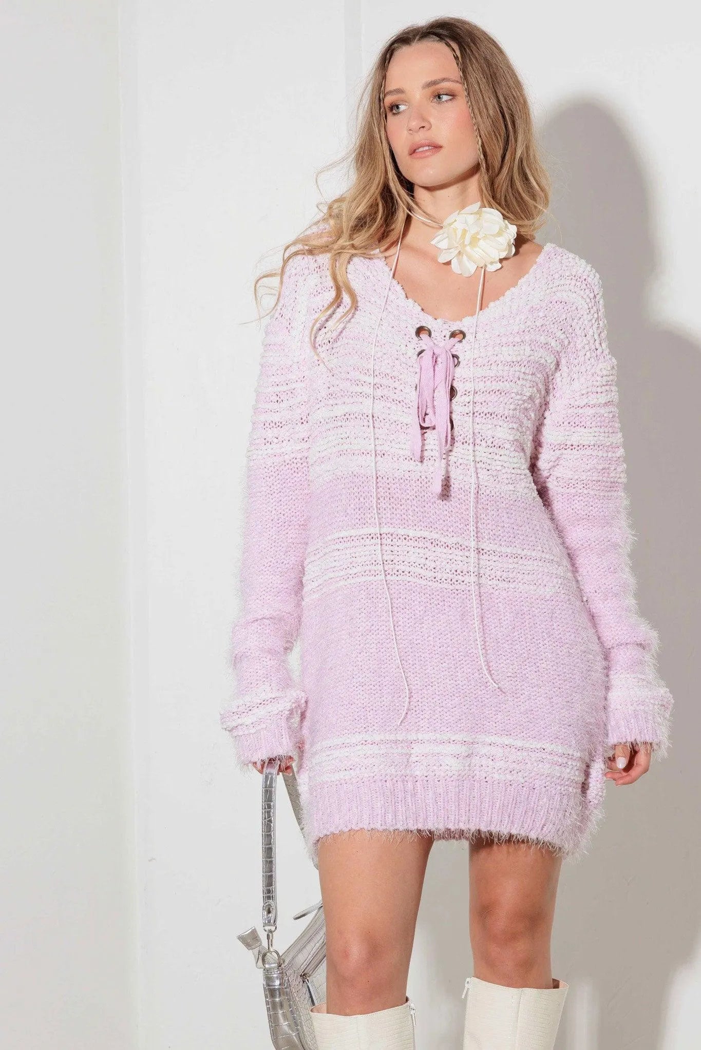 Relax Fit Mixed-Stitch Front Tie Tunic Sweater Dress Light Pink / S/M-L/XL/2-2 Relax Fit Mixed-Stitch Front Tie Tunic Sweater Dress Light Pink / S/M-L/XL/2-2