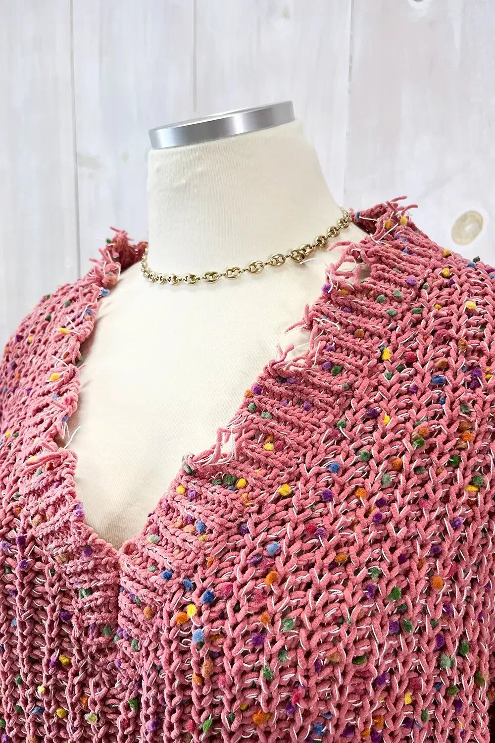 Plus Size Distressed Rainbow Pom Pom V-Neck Knit Sweater