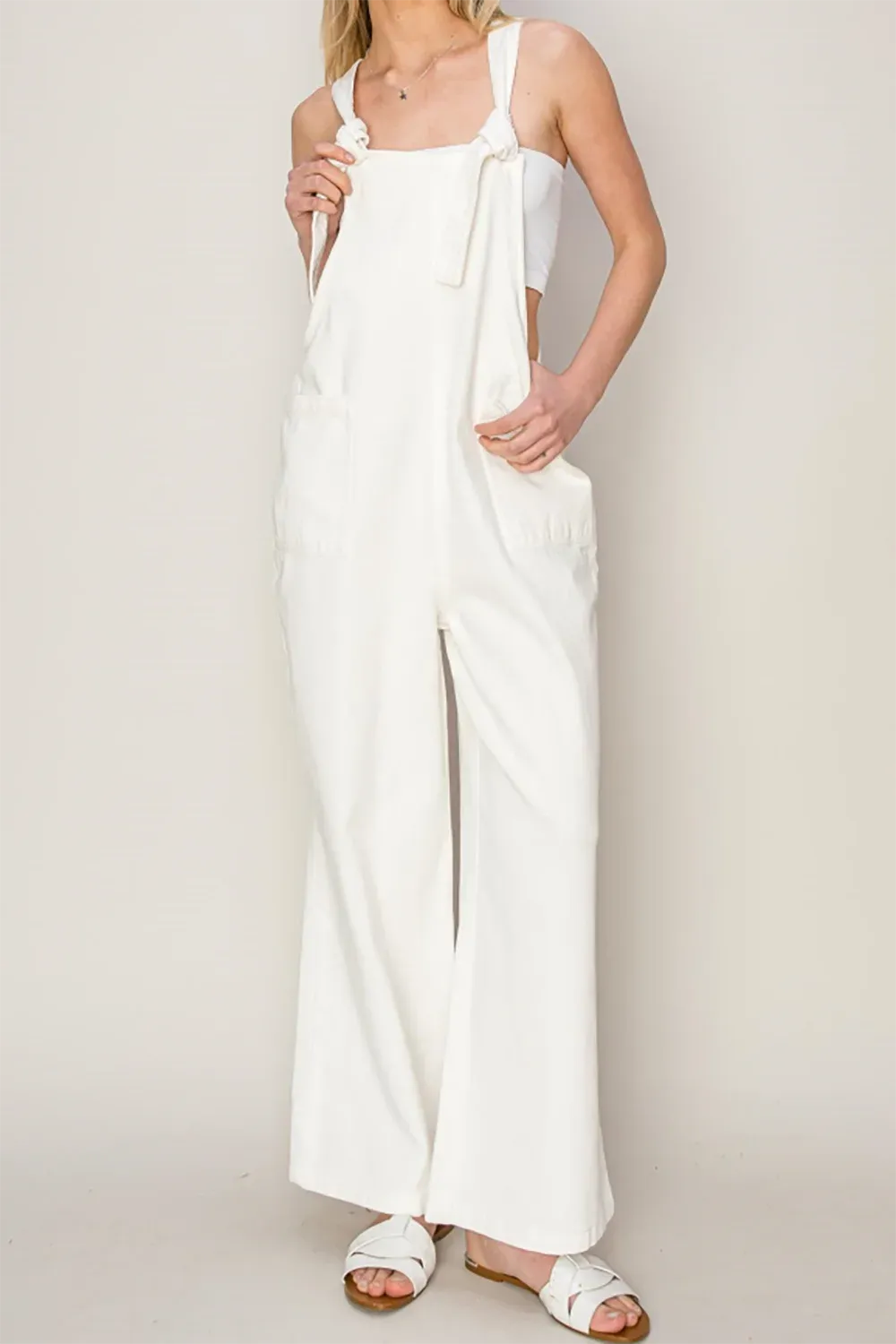 Cotton Twill Front Pockets Wide Leg Knott Denim Overall Jumpsuit - Tasha Apparel Wholesale