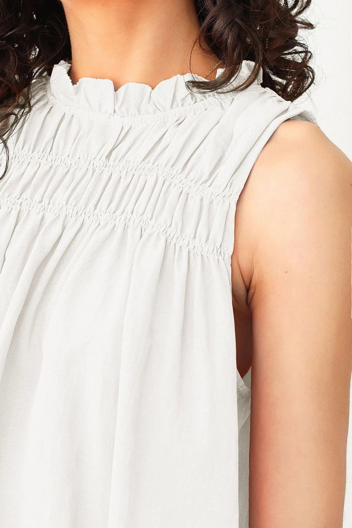 Boho Sleeveless Ruffled Neck Smocked Yoke Top - Tasha Apparel Wholesale