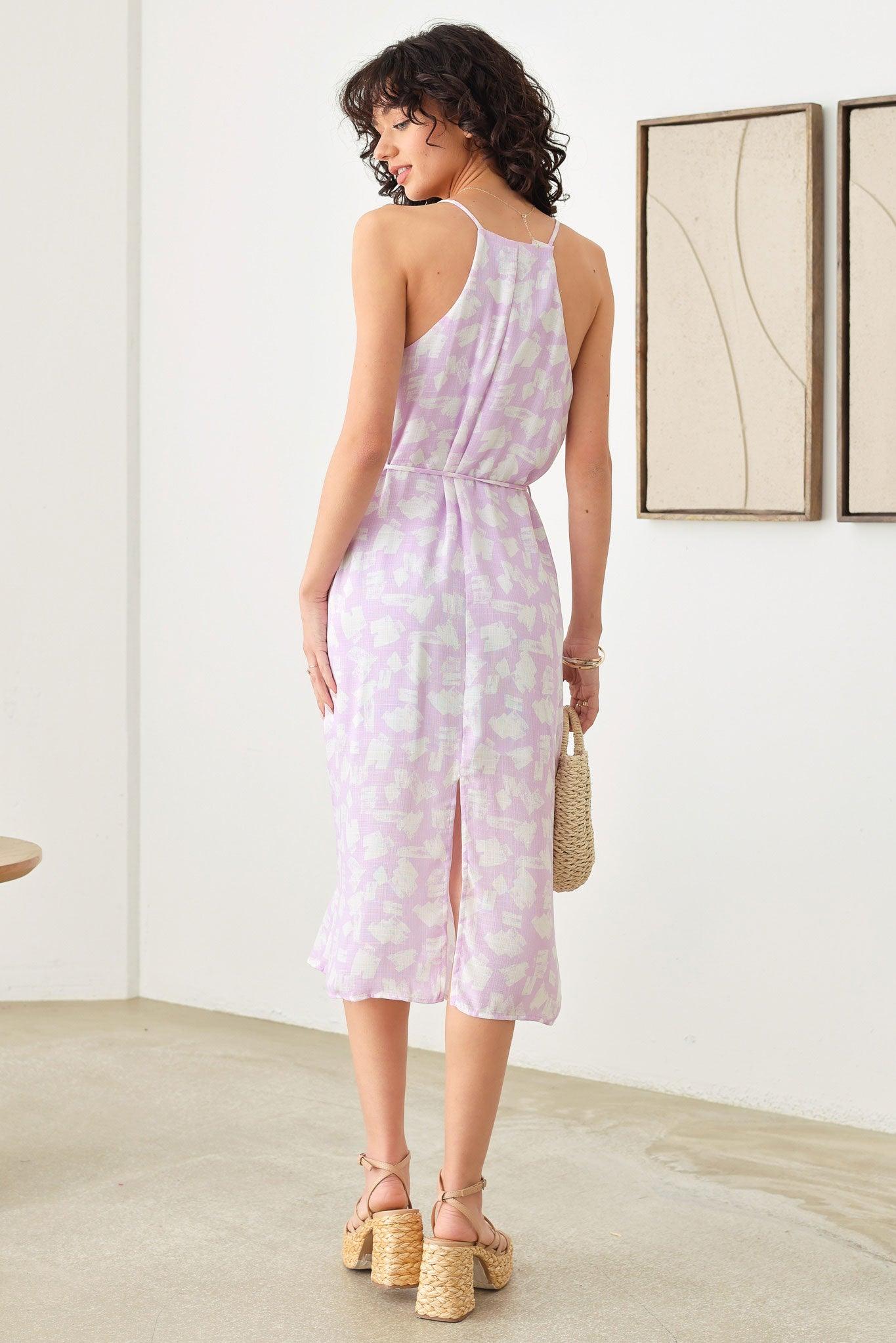 Printed Sleeveless Back Tie Front Slit Midi Dress - Tasha Apparel Wholesale
