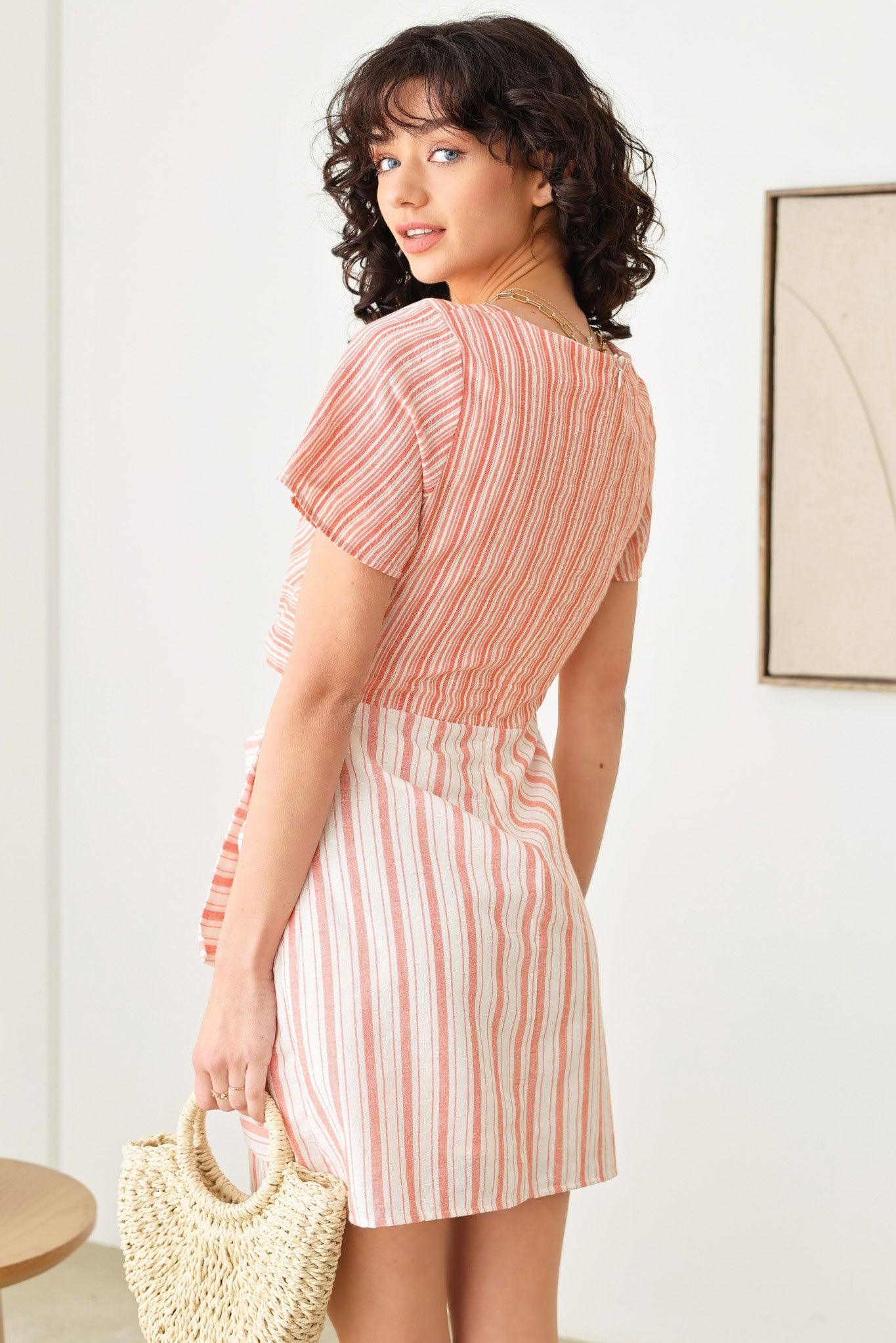 Boho Stripe Twist Bust Line Side Tie Warp Midi Dress - Tasha Apparel Wholesale
