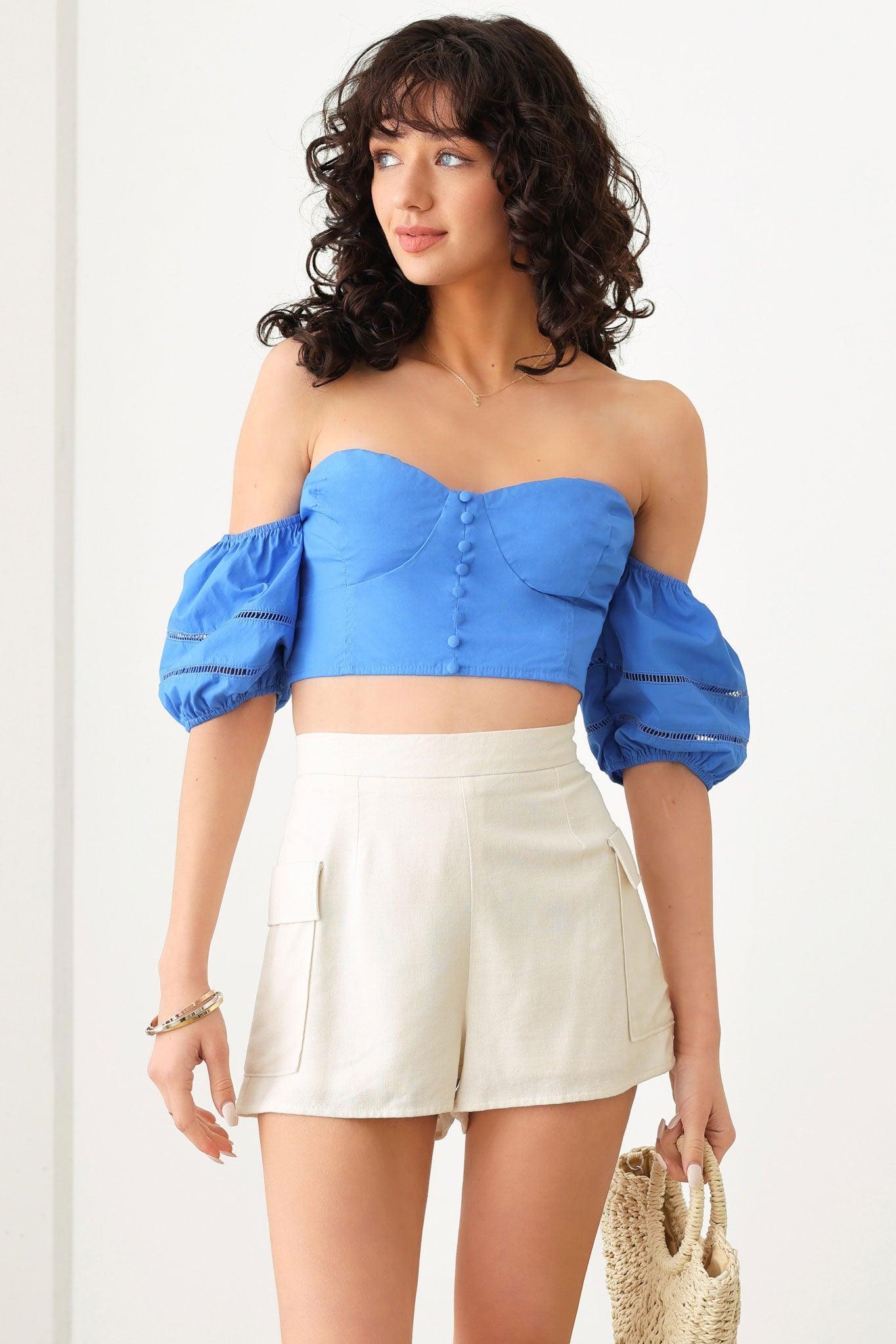 Off Shoulder Puffy Sleeve Ruched Bust Crop Top - Tasha Apparel Wholesale