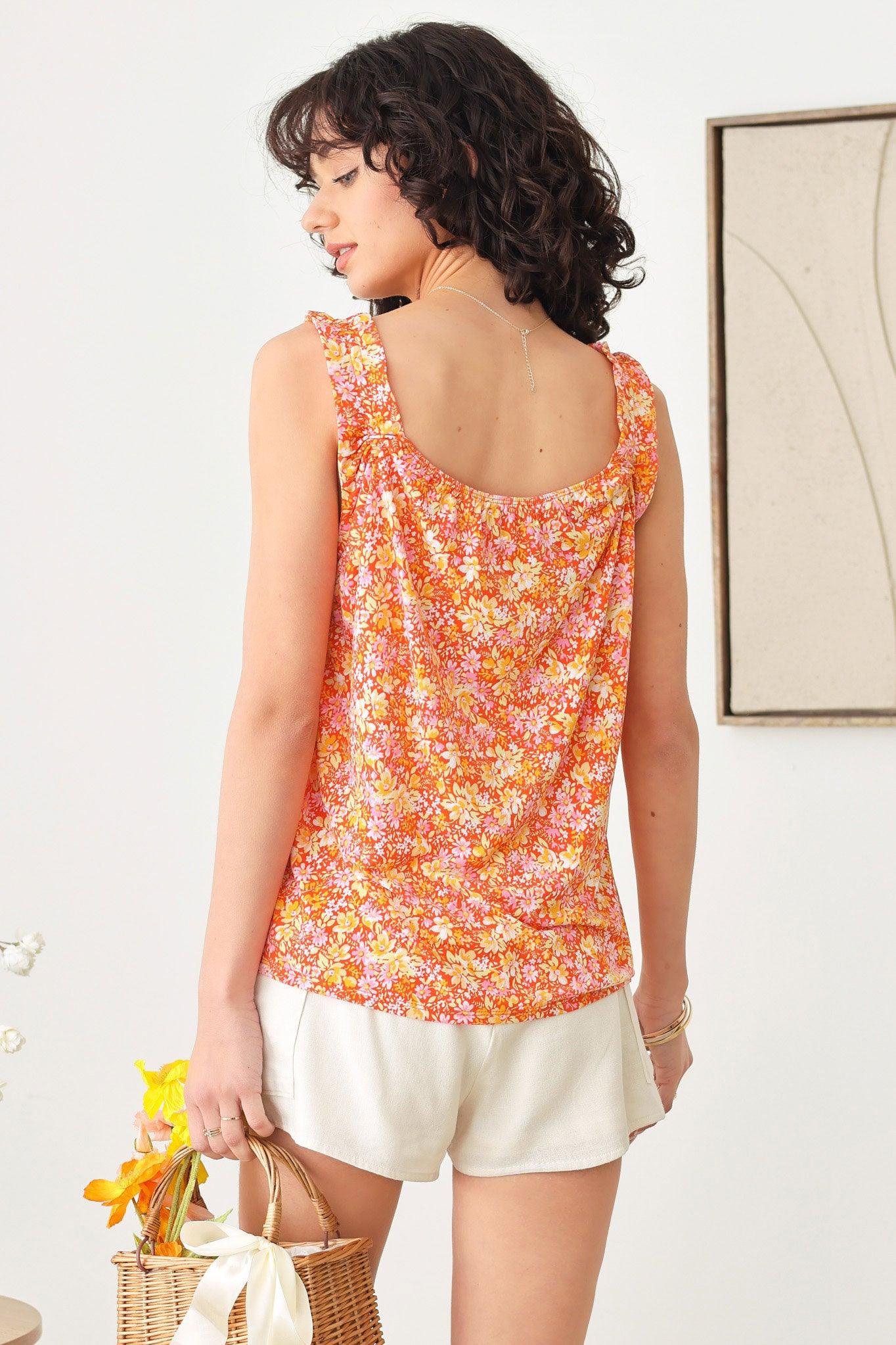 Boho Floral Print Sleeveless Ruffle Sleeve Top - Tasha Apparel Wholesale