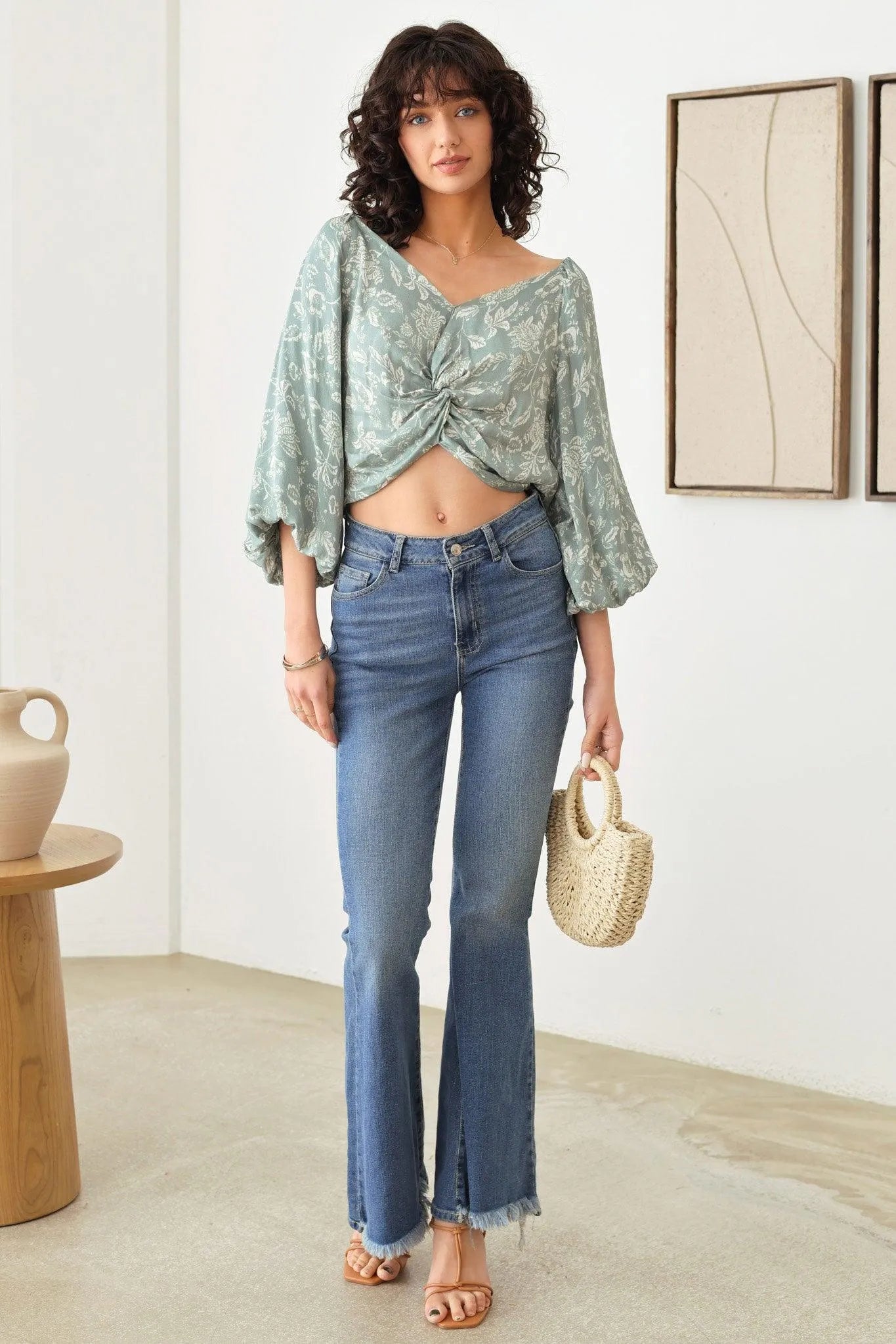 Boho Floral Print Twist Front Puff Sleeve top - Tasha Apparel Wholesale