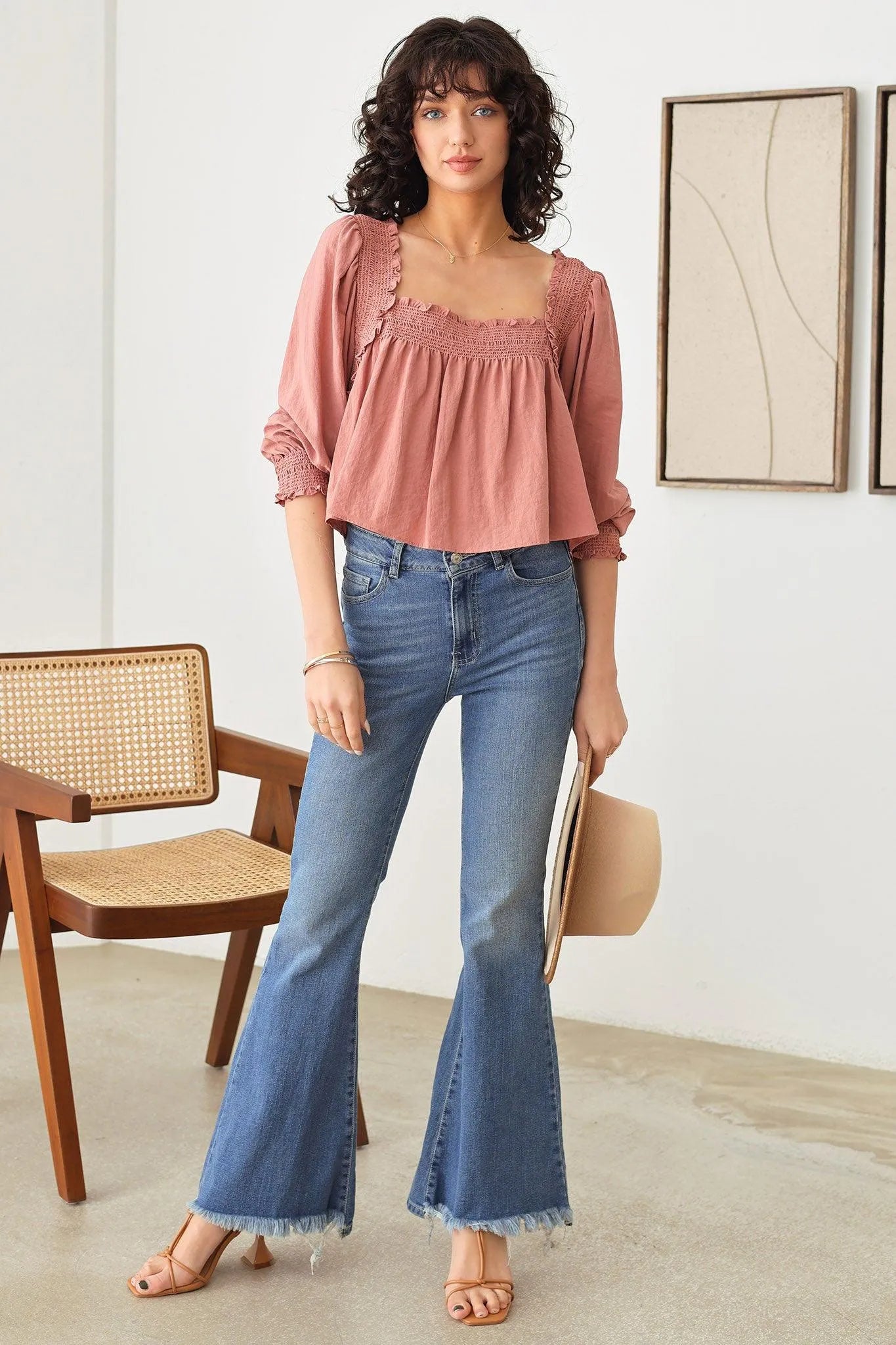 Smocked Detail Shirred Square Neck Puff Sleeve Top - Tasha Apparel Wholesale