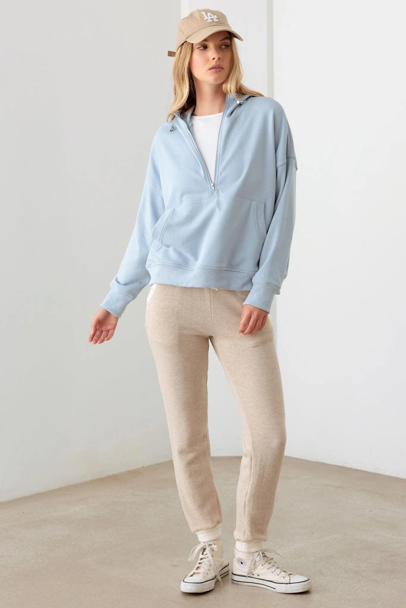 Blue Cotton Half Zip Drawstring Mock Neck Hoodie Top - Tasha Apparel Wholesale