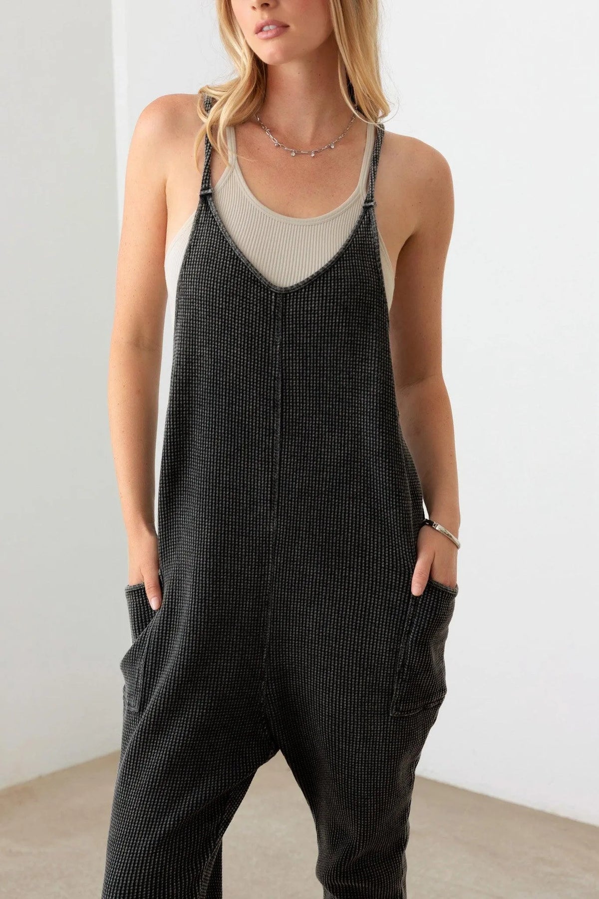 Relaxed Waffle Knit Side Pocket Jumpsuit - Tasha Apparel Wholesale