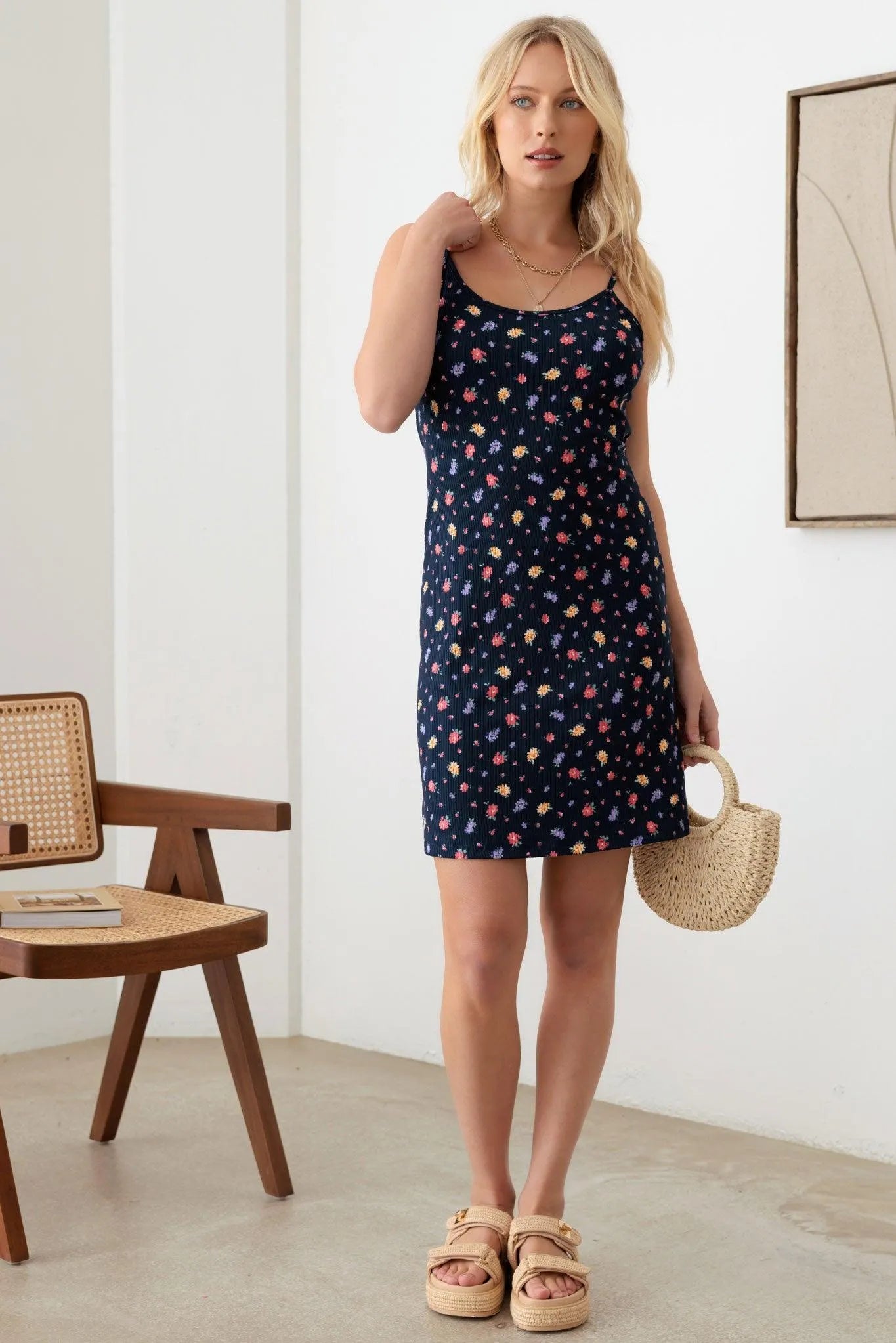 Floral Print Ribbed Sleeveless Scoop Neck Cut Out Back Mini Dress - Tasha Apparel Wholesale