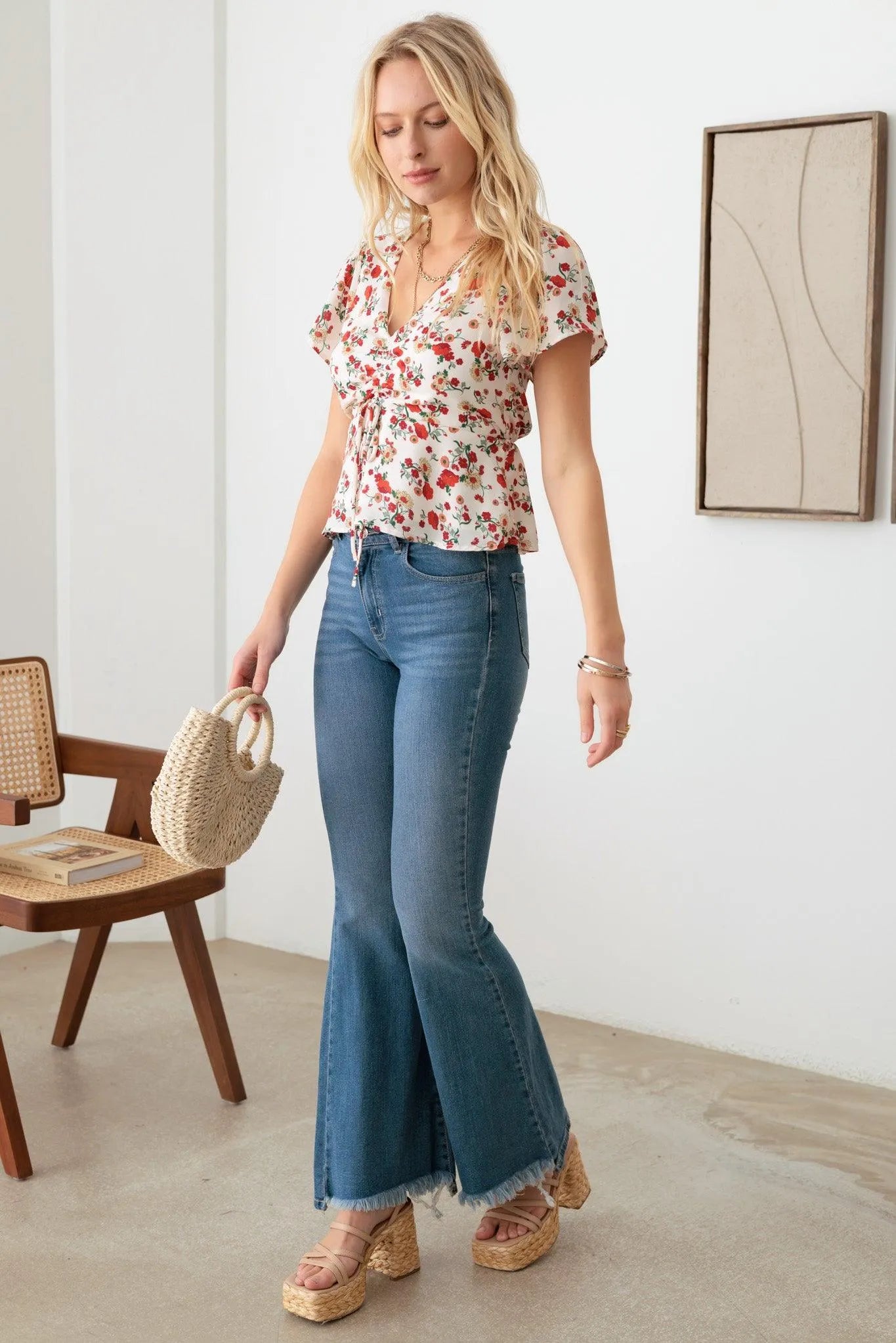 Short Sleeve V-Neck Ruching Ditsy Print Top - Tasha Apparel Wholesale