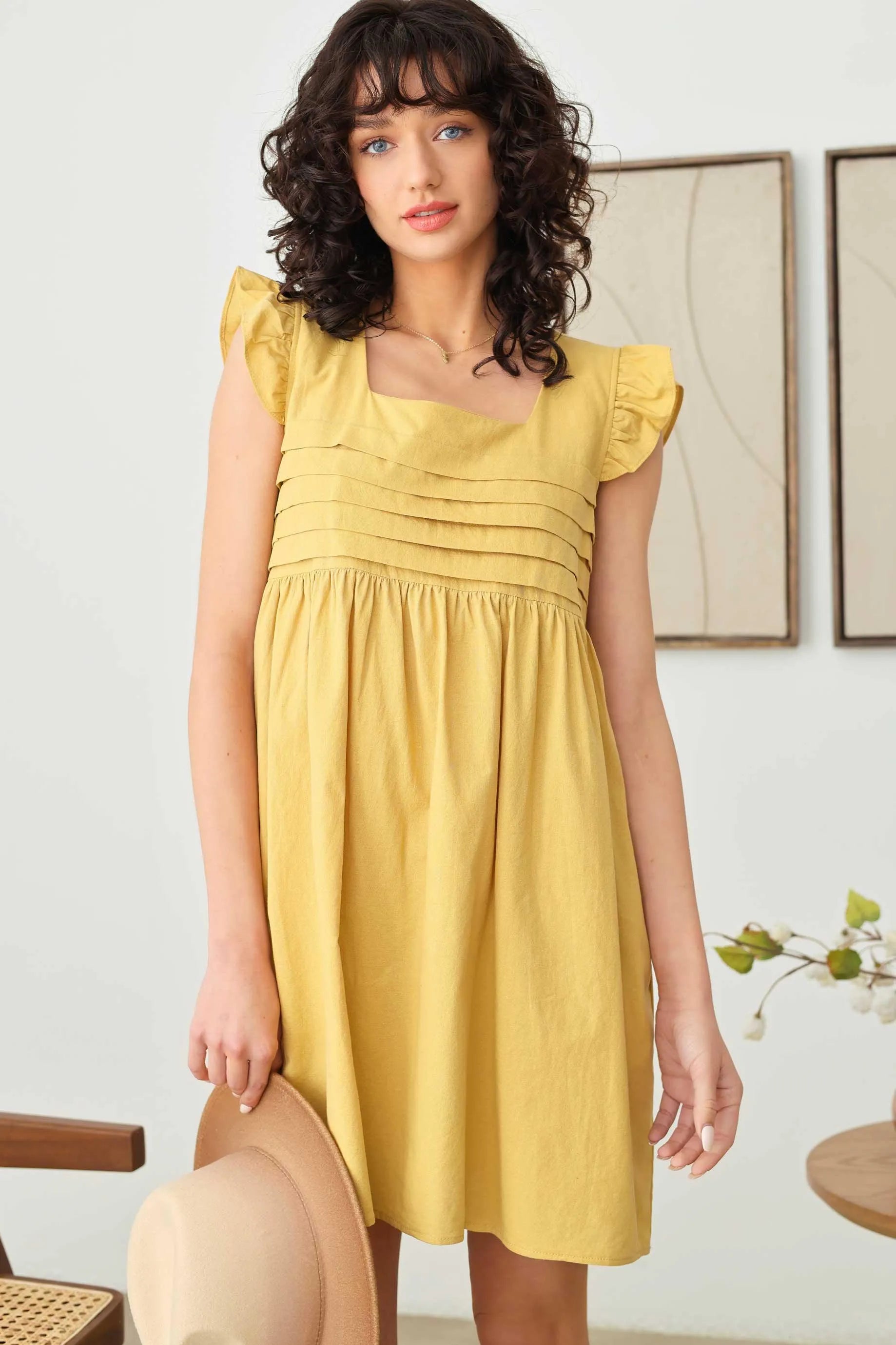 Ruffle Cap Sleeve Pleated Bust A-Line Babydoll Mini Dress Ruffle Cap Sleeve Pleated Bust A-Line Babydoll Mini Dress