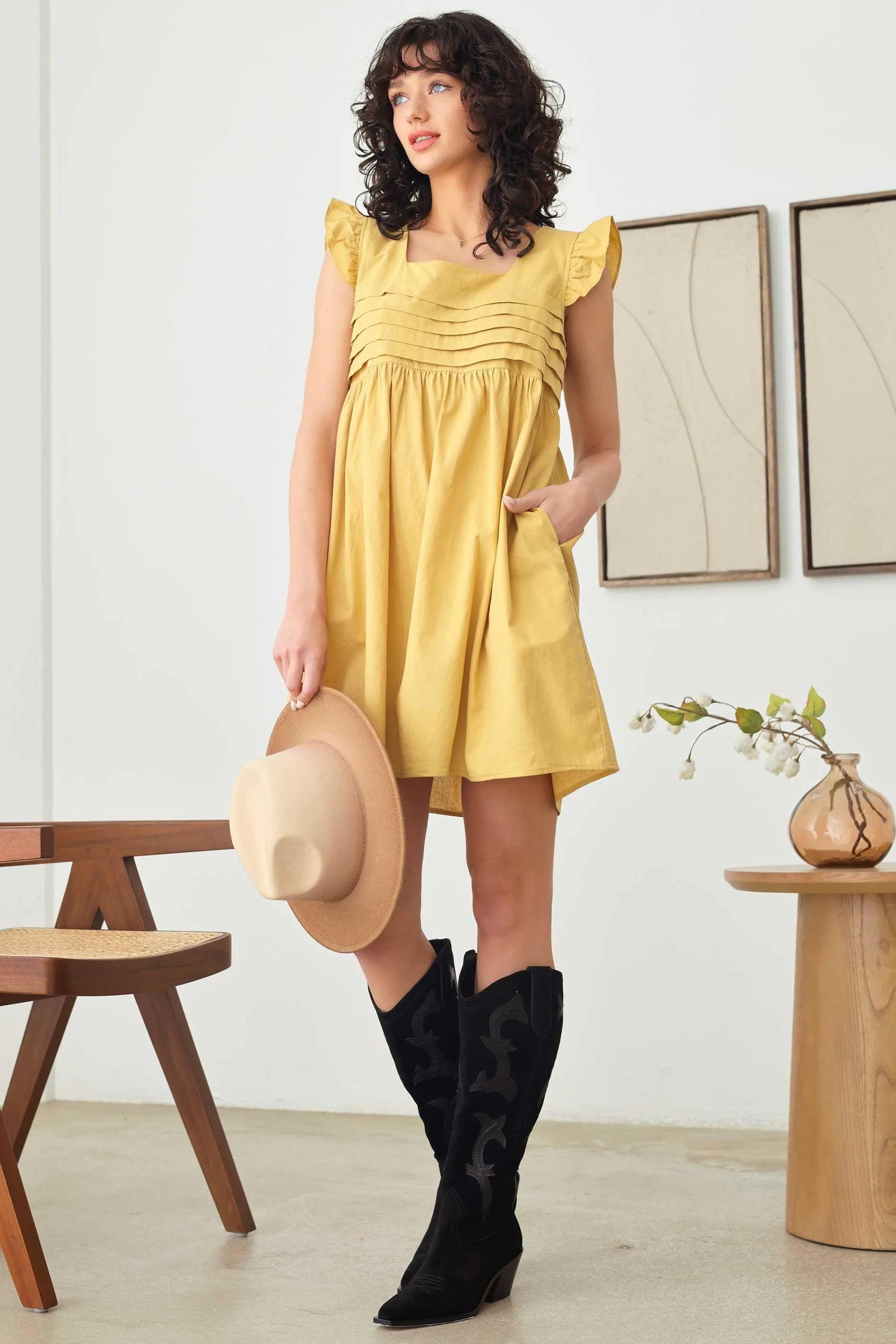 Ruffle Cap Sleeve Pleated Bust A-Line Babydoll Mini Dress - Tasha Apparel Wholesale