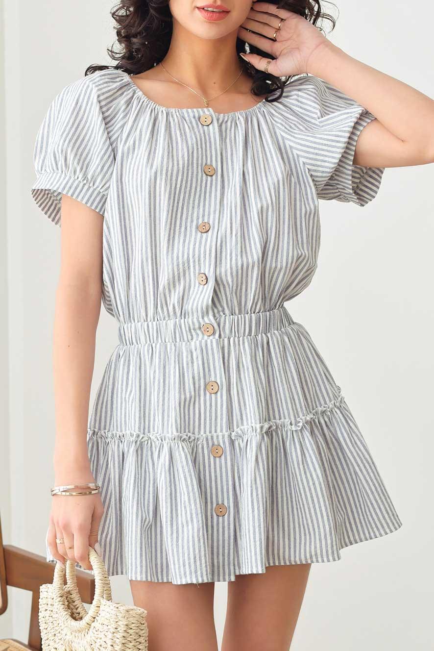 Striped Button Smocked Tiered Silhouette Short Sleeve Dress - Tasha Apparel Wholesale