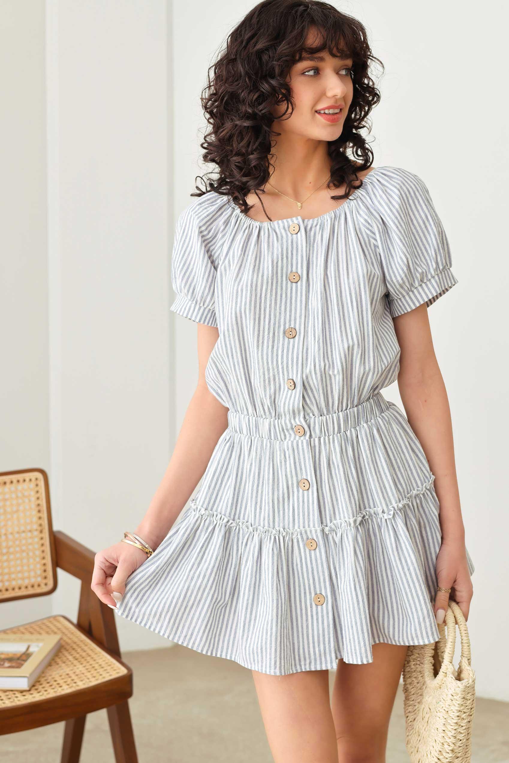 Striped Button Smocked Tiered Silhouette Short Sleeve Dress - Tasha Apparel Wholesale