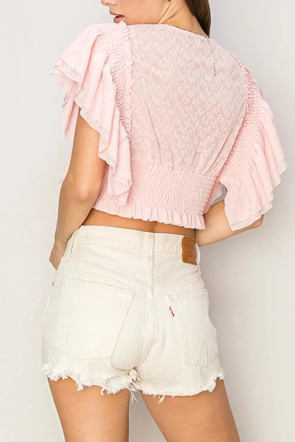 Short Ruffle Sleeve Front Button Smocked Lace Crop Top - Tasha Apparel Wholesale