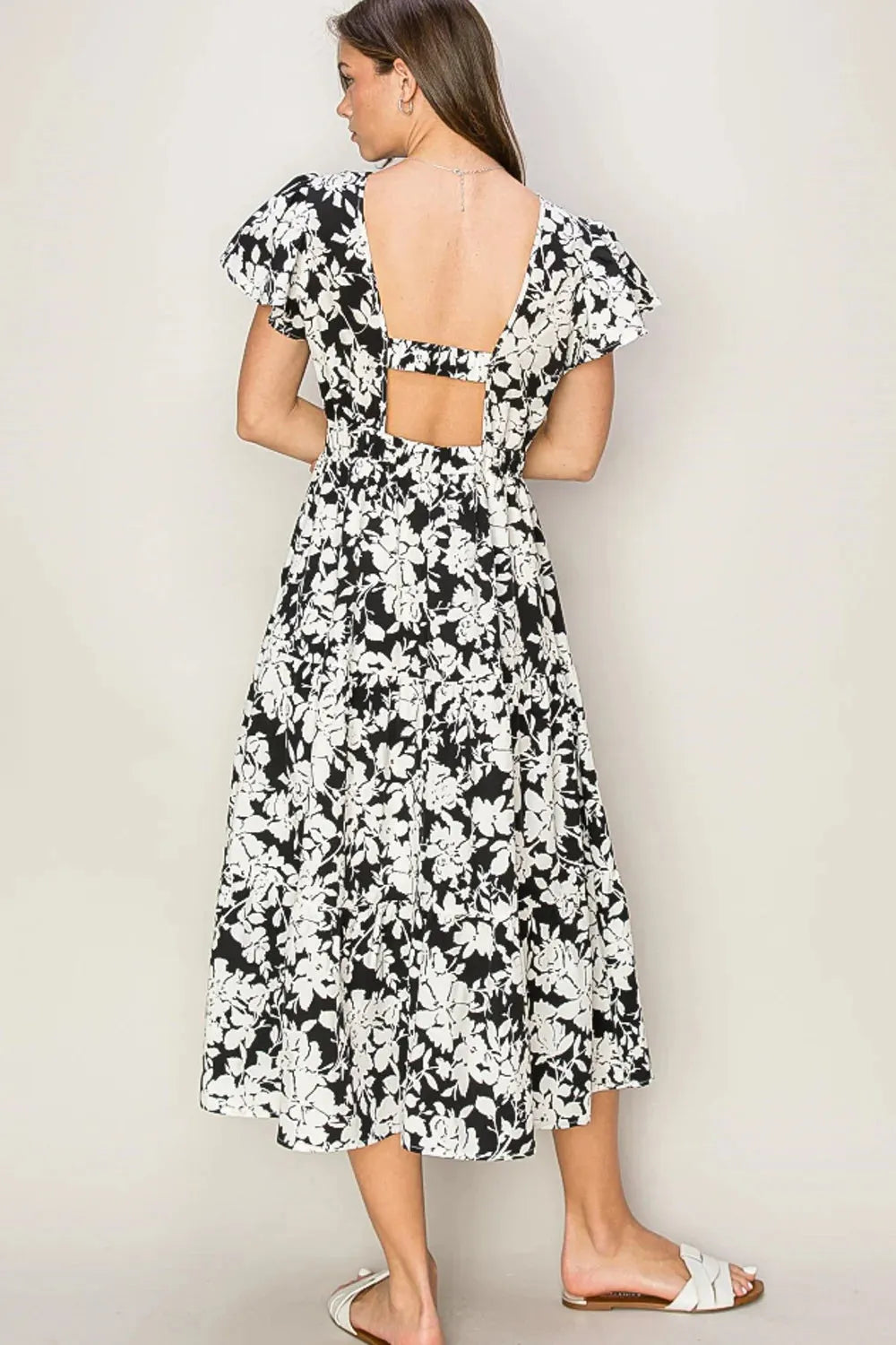 Floral Short Ruffle Sleeve Open Back Tiered Midi Dress - Tasha Apparel Wholesale