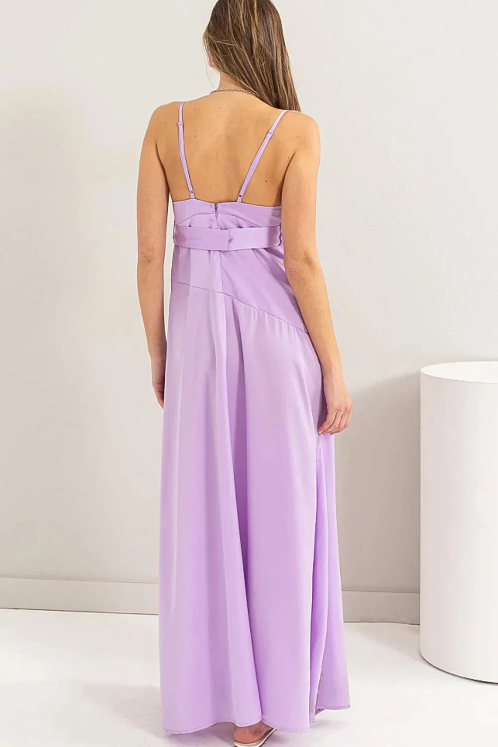 Satin Belted Side Slit Sleeveless Maxi Gown Dress - Tasha Apparel Wholesale