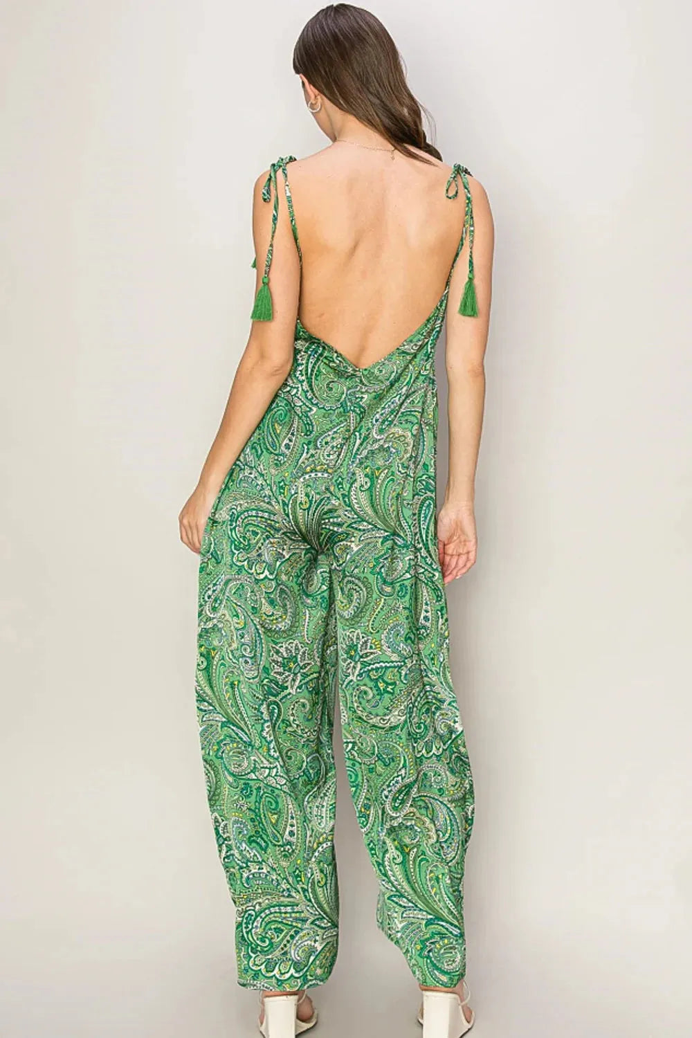 Satin Front Button Tassel-Embellished Shoulder Strap wide Leg Jumpsuit - Tasha Apparel Wholesale