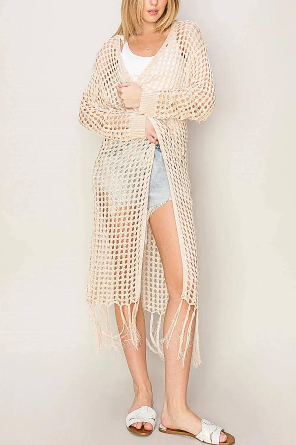 Long Sleeve Fringe Silhouette Crochet Cover Up - Tasha Apparel Wholesale