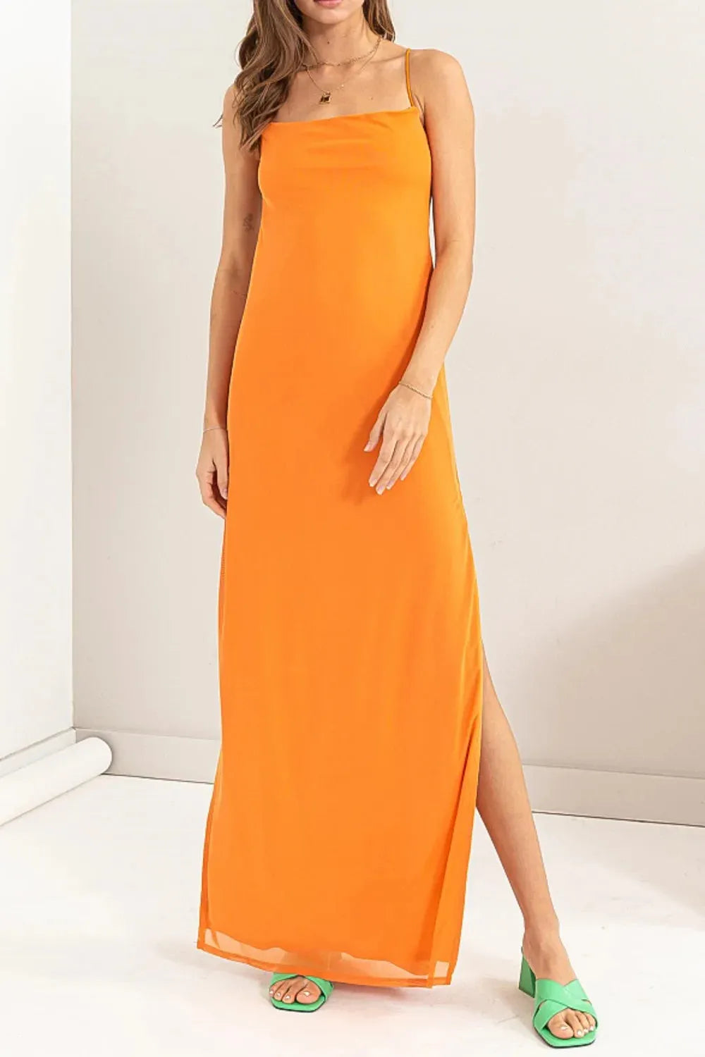 Sheer Spaghetti Strap Side Slits Open Back Maxi Dress Sheer Spaghetti Strap Side Slits Open Back Maxi Dress