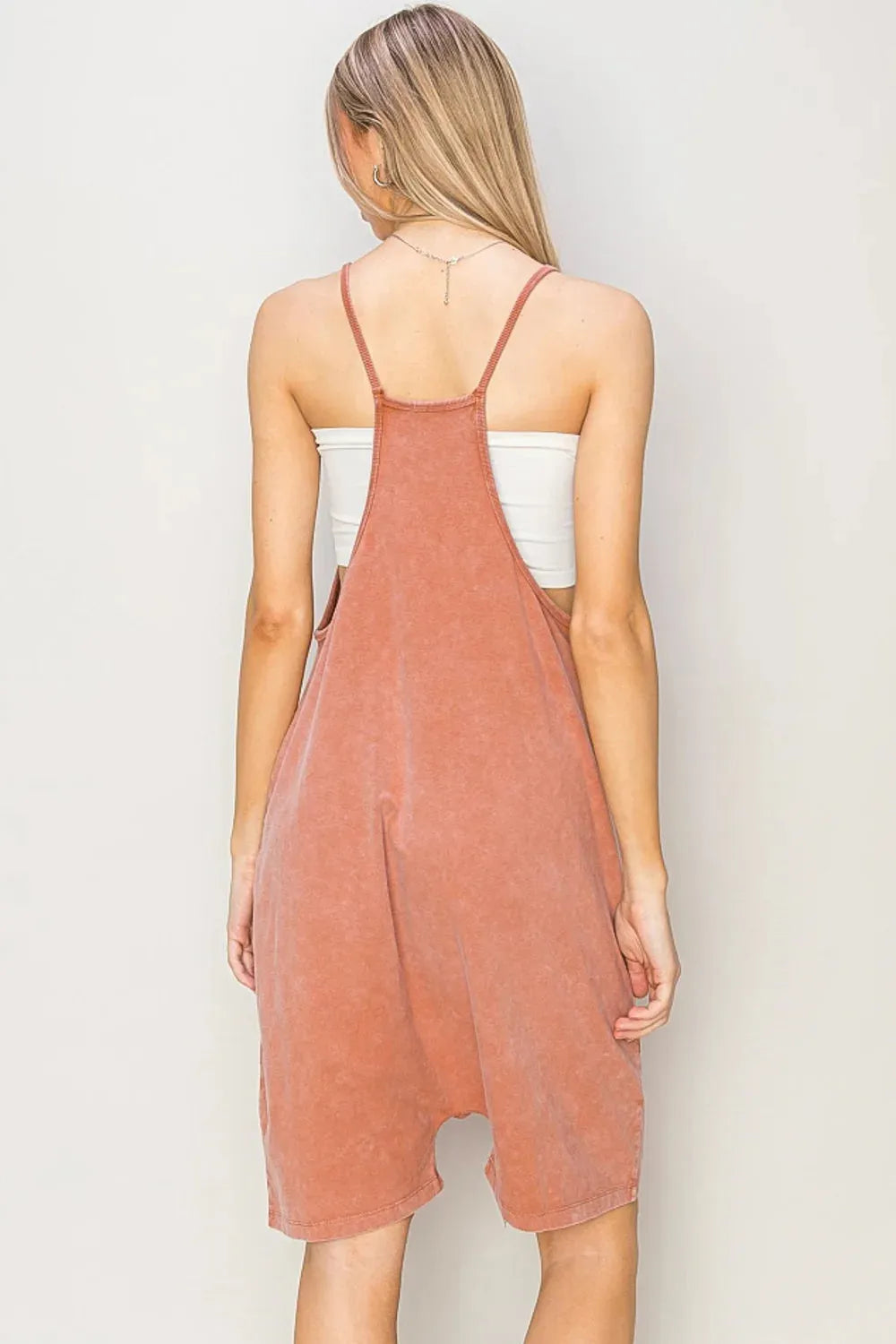 Relaxed Cotton Mineral Wash Pockets Harem Lounge Romper - Tasha Apparel Wholesale