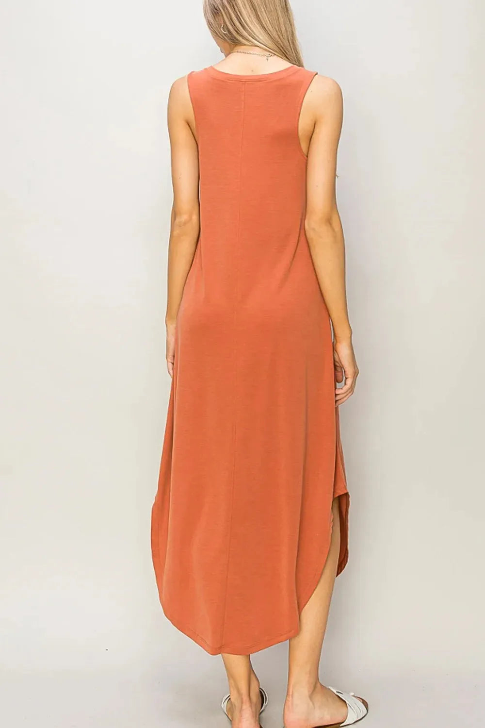 Basic Soft Hi-Low Sleeveless V-Neck Relax Fit Curve Hem Midi Dress - Tasha Apparel Wholesale