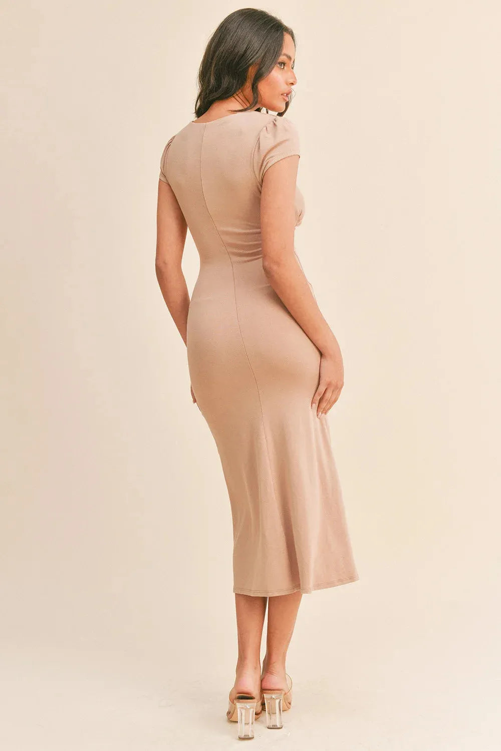 Short Sleeve Shirring Side Slit Midi Dress - Tasha Apparel Wholesale