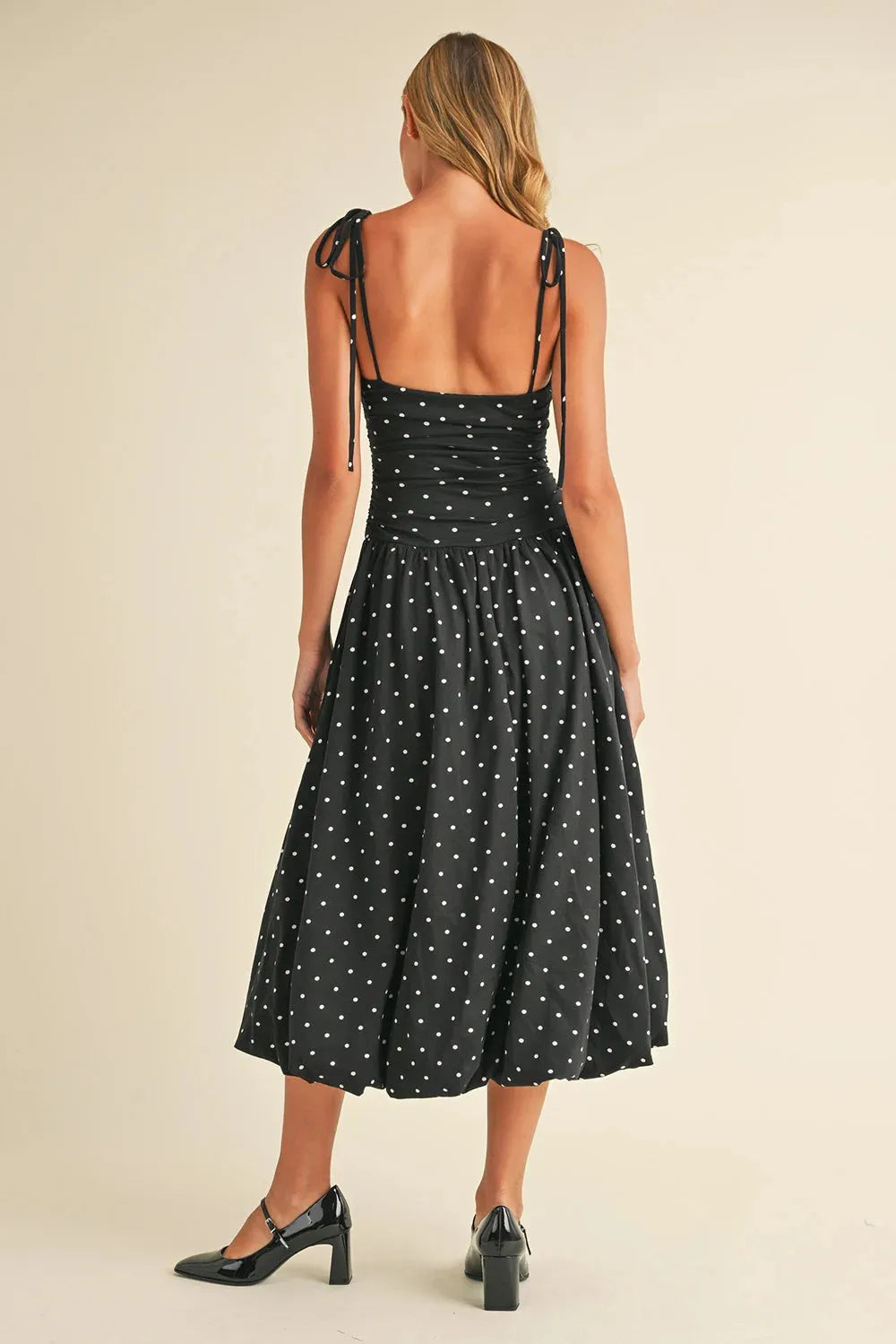 Polka Dot Ruched Bodice Sleeveless Balloon Midi Dress - Tasha Apparel Wholesale