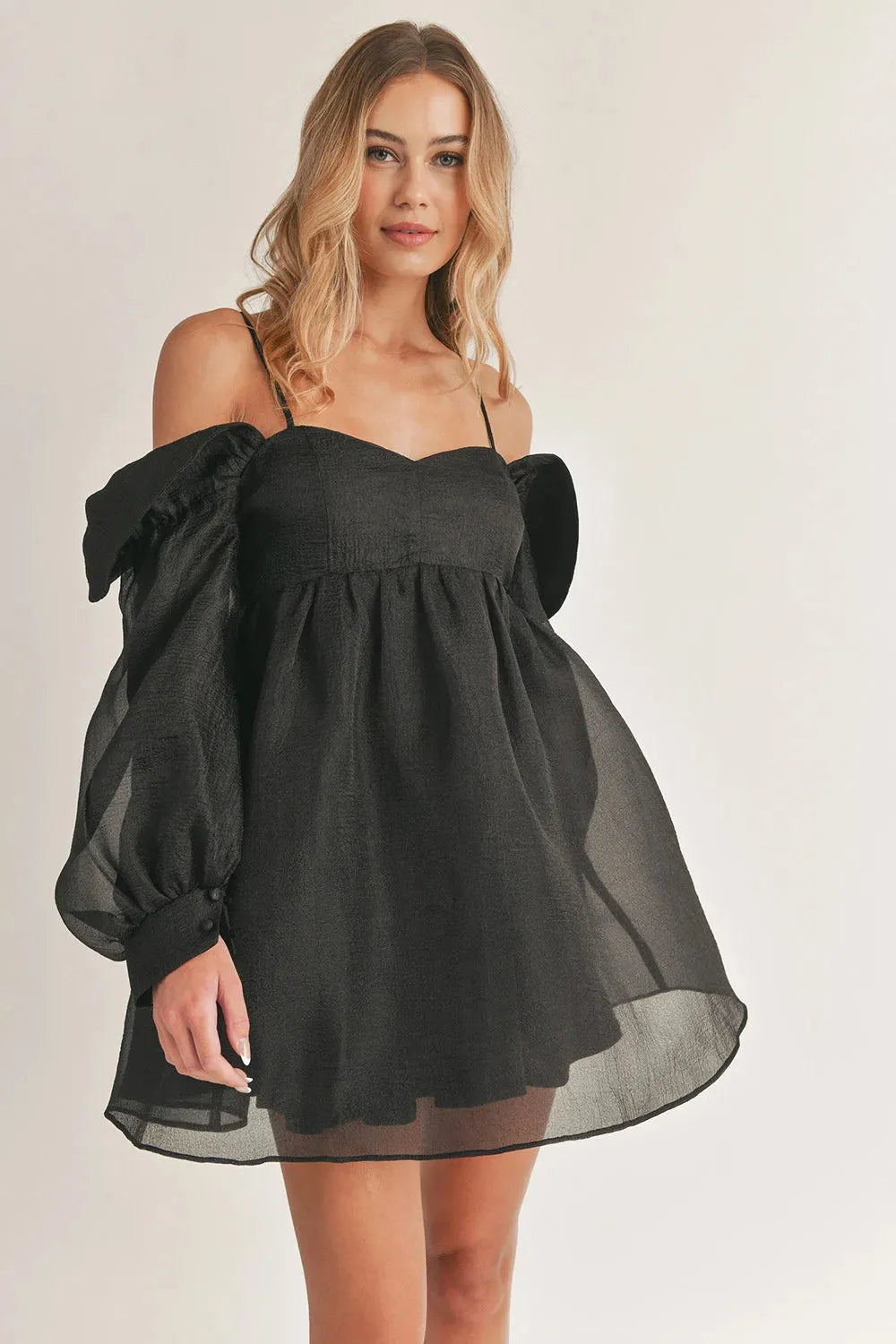 Bubble Long Sleeve Off Shoulder Smoked Back Mini Flare Dress Black / S-M-L/3-2-1 Bubble Long Sleeve Off Shoulder Smoked Back Mini Flare Dress Black / S-M-L/3-2-1