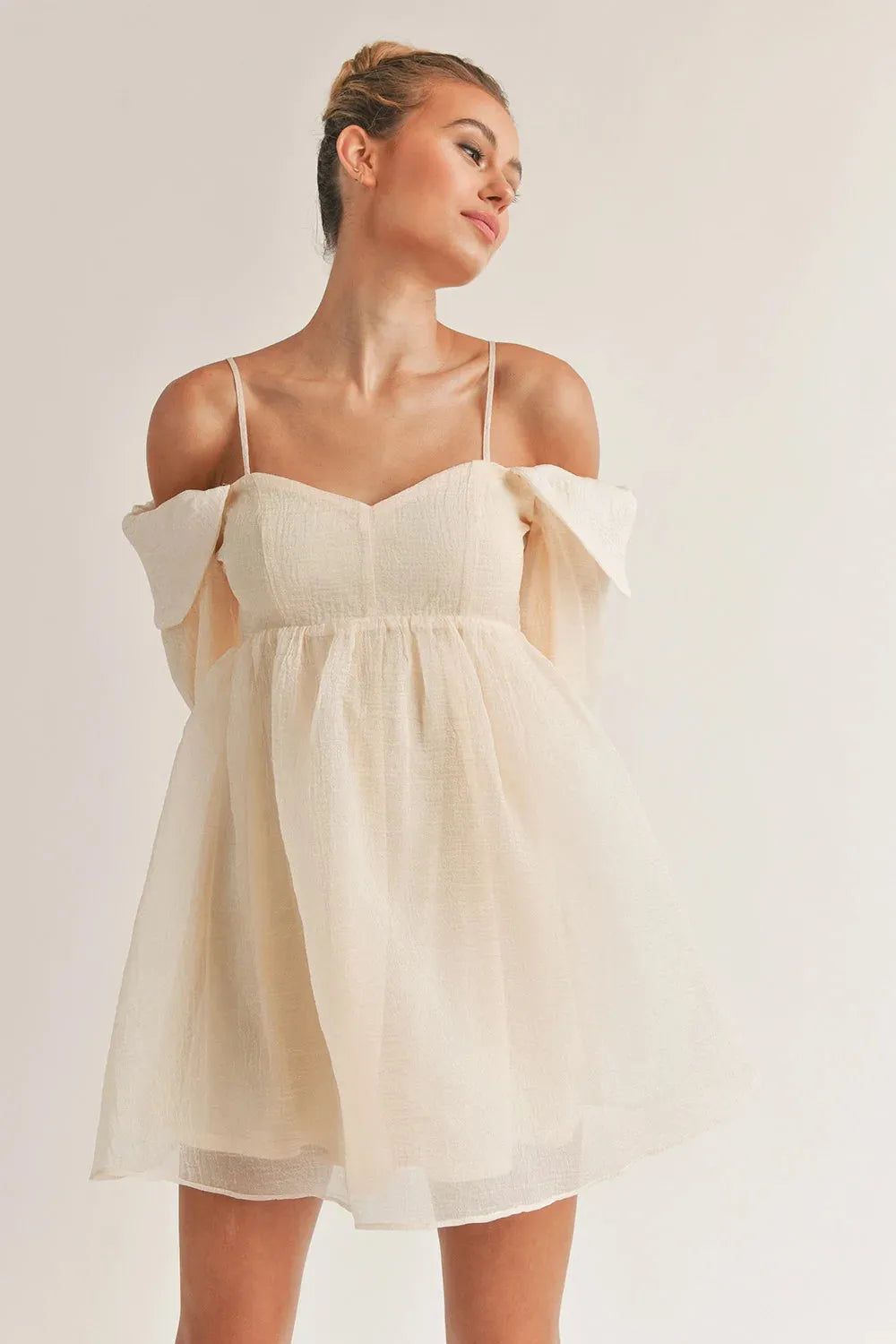 Bubble Long Sleeve Off Shoulder Smoked Back Mini Flare Dress - Tasha Apparel Wholesale