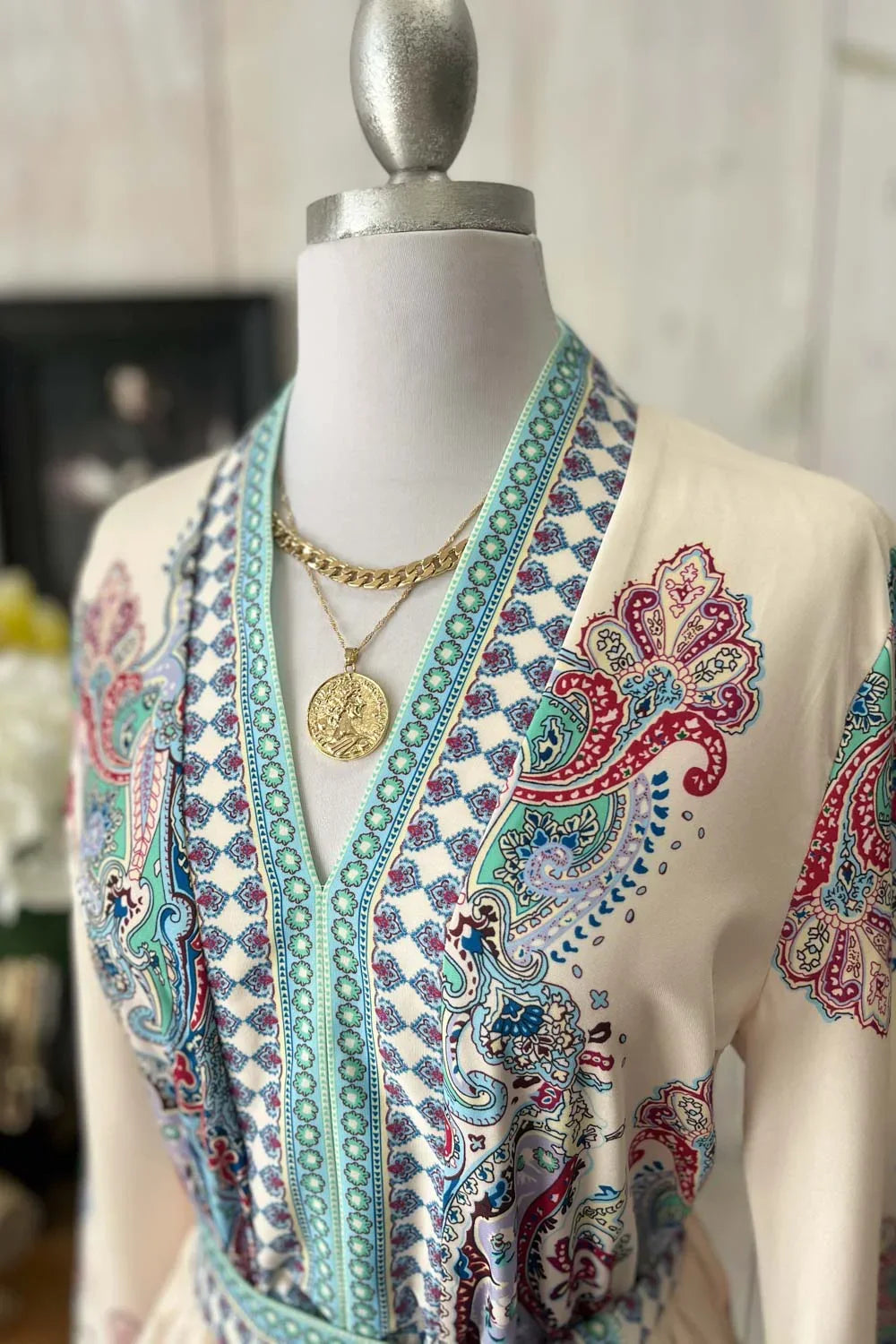 Bohemian Paisley V-Neck Long Sleeve Belted Fashion Mini Dress