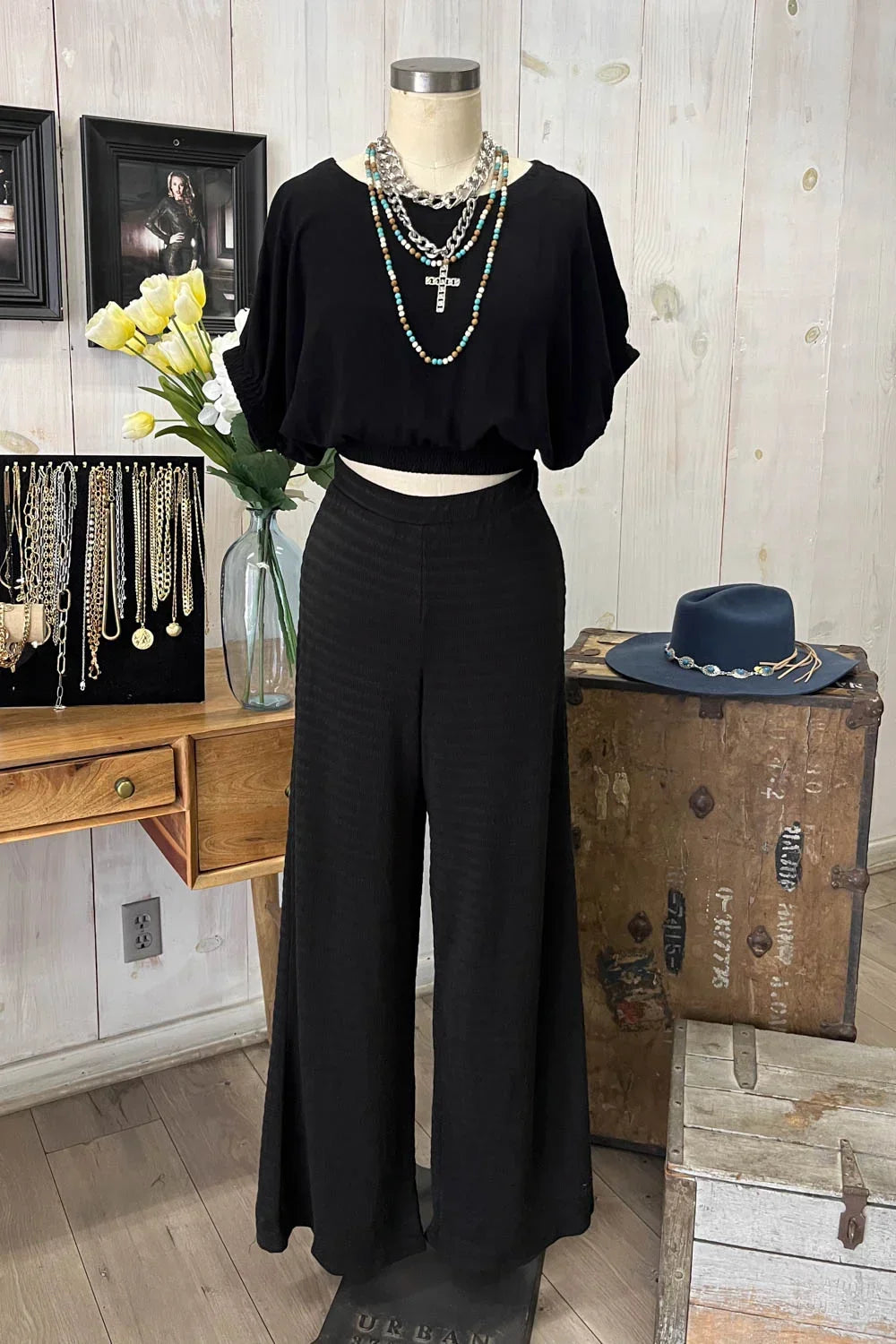 Black Smocked Hem V-Neck Dolman Sleeve Cropped Blouse Top