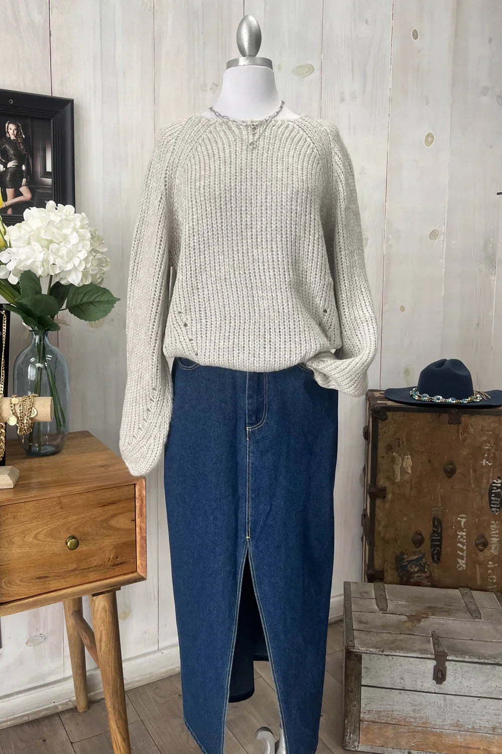 Cozy Oversized Chunky Knit Crew Neck Long Bell Sleeve Sweater