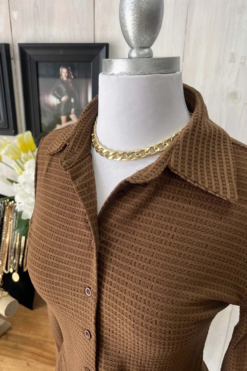 Textured Long Sleeve Button Front Shirt & Mini Skirt Set