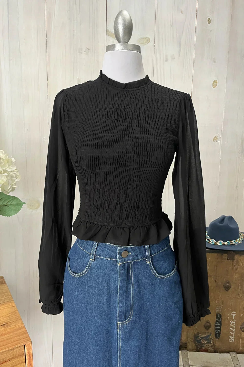 Smocked Long Sleeve Sheer Crop Top Trendy Boutique Fashion Top