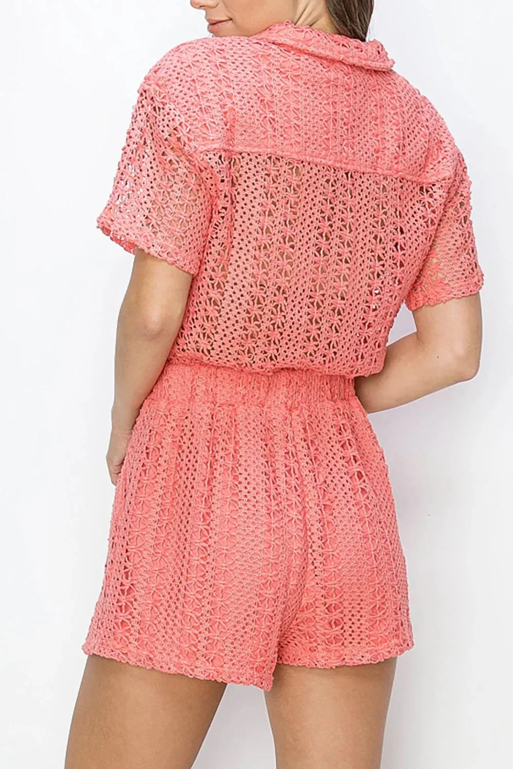 Crochet Lace Button Front Collared Neckline Utility Pockets Romper - Tasha Apparel Wholesale