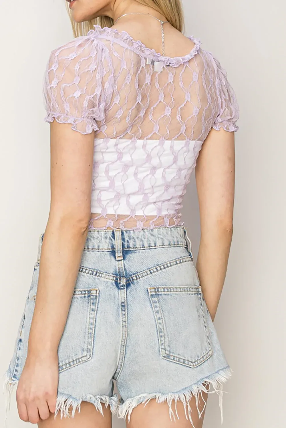 Elegant Sheer Lace Hook-Front Ruffle Trim Detail Puff Sleeve Flirty Crop Top - Tasha Apparel Wholesale